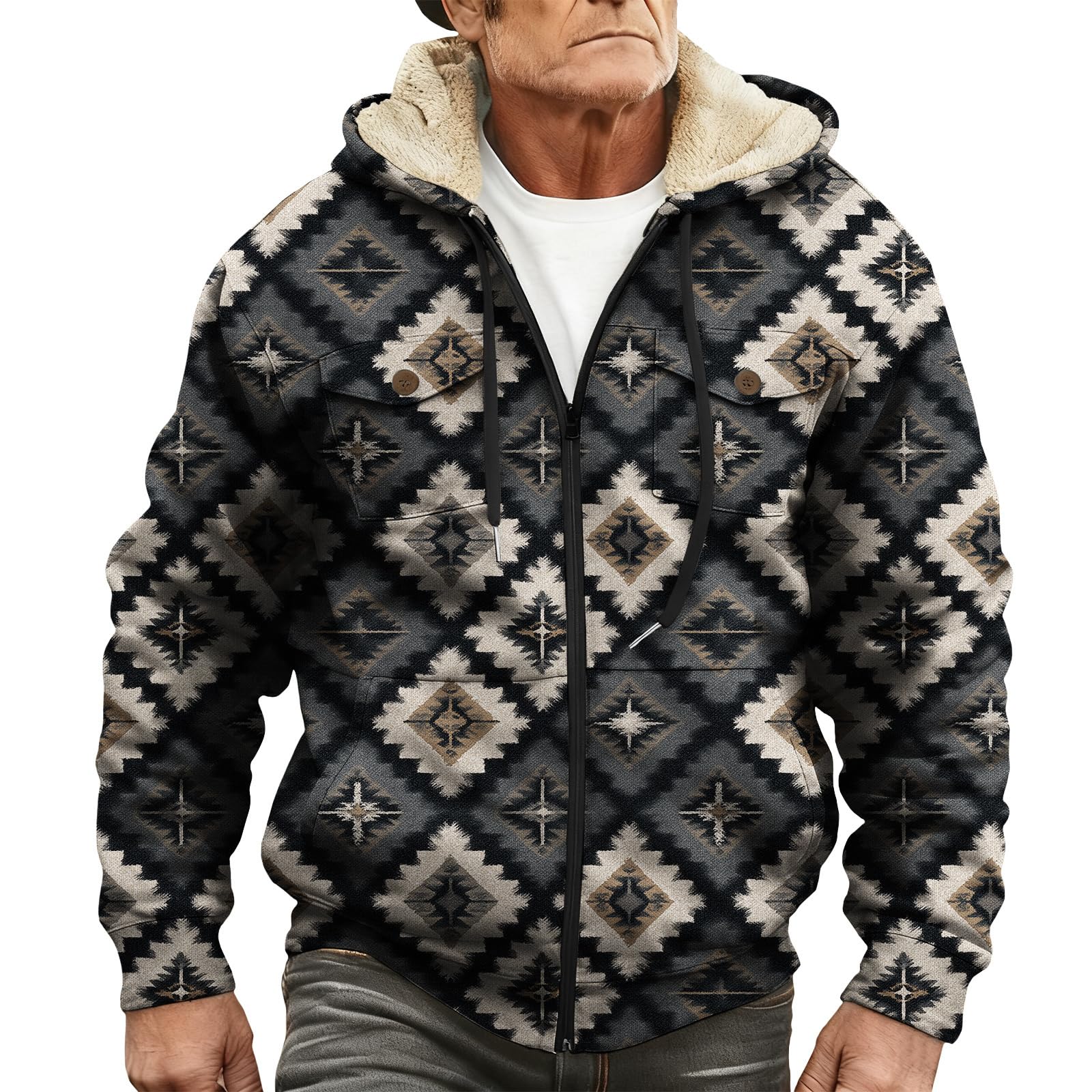 Mens Plush Hooded Jacket Keeps You Cozy Vintage Aztec Style Printed Long Sleeve Zip Hooded Jacket