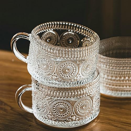 Miniatura 6 de Tazas de café de vidrio vintage de 14 onzas, juego de 4 tazas de vidrio en relieve para té, tazas de café para capuchino, café con leche, cereales,
