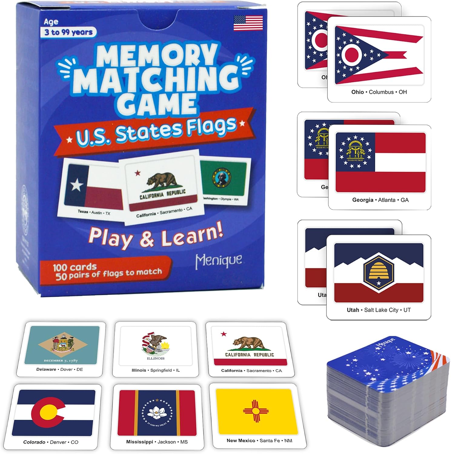 Menique U.S. States Flags Memory Matching Game – 100 Cards, 50 States and Capitals – Flashcards – Learn Flags & Abbreviations – Kids and Adults