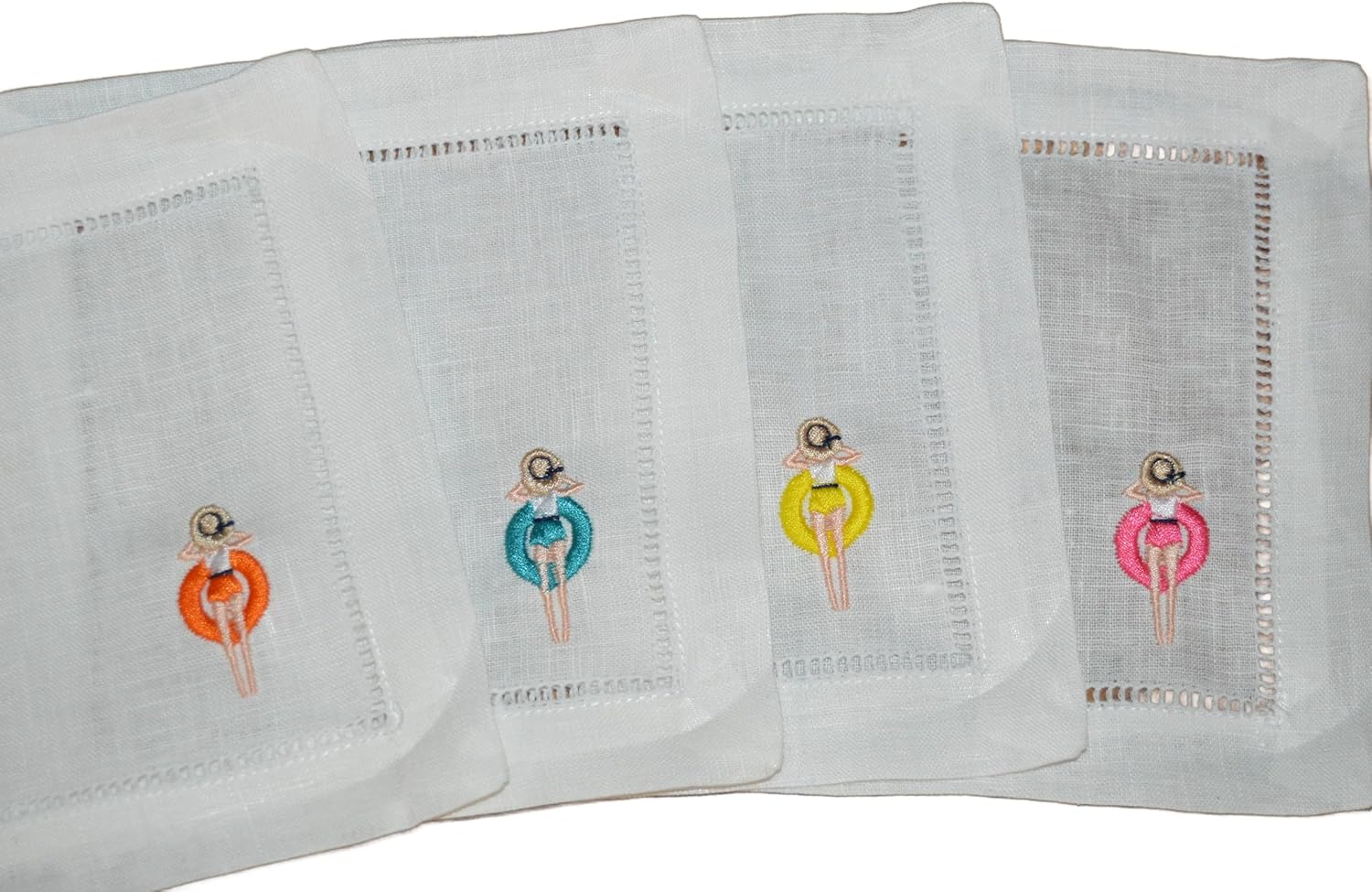 Pool Girl on a Float set of 4 Linen Cocktail Napkins Embroidered