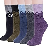 Justay 5 Pairs Women's Thick Wool Winter Socks - Warm Cozy Vintage Knit Crew Socks with Cat Patterns, Ideal Gift