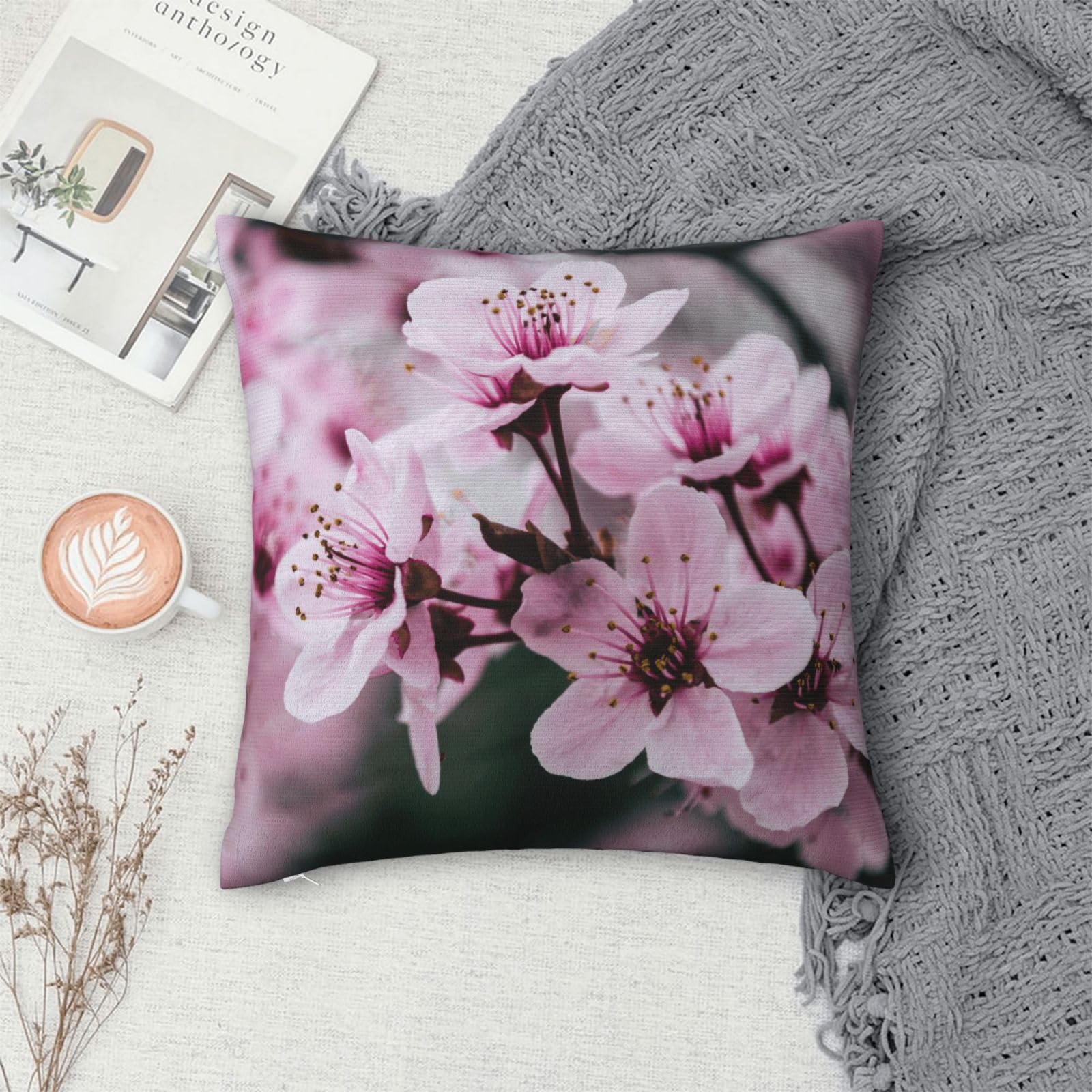 Plush Velvet Square Throw Pillow Cover For Couch & Bed, Cherry Blossoms, Soft Decorative Cushion Case For Sofa, Farmhouse Throw Pillow Sham, Modern Aesthetic Home Accent For Living Room Bedroom