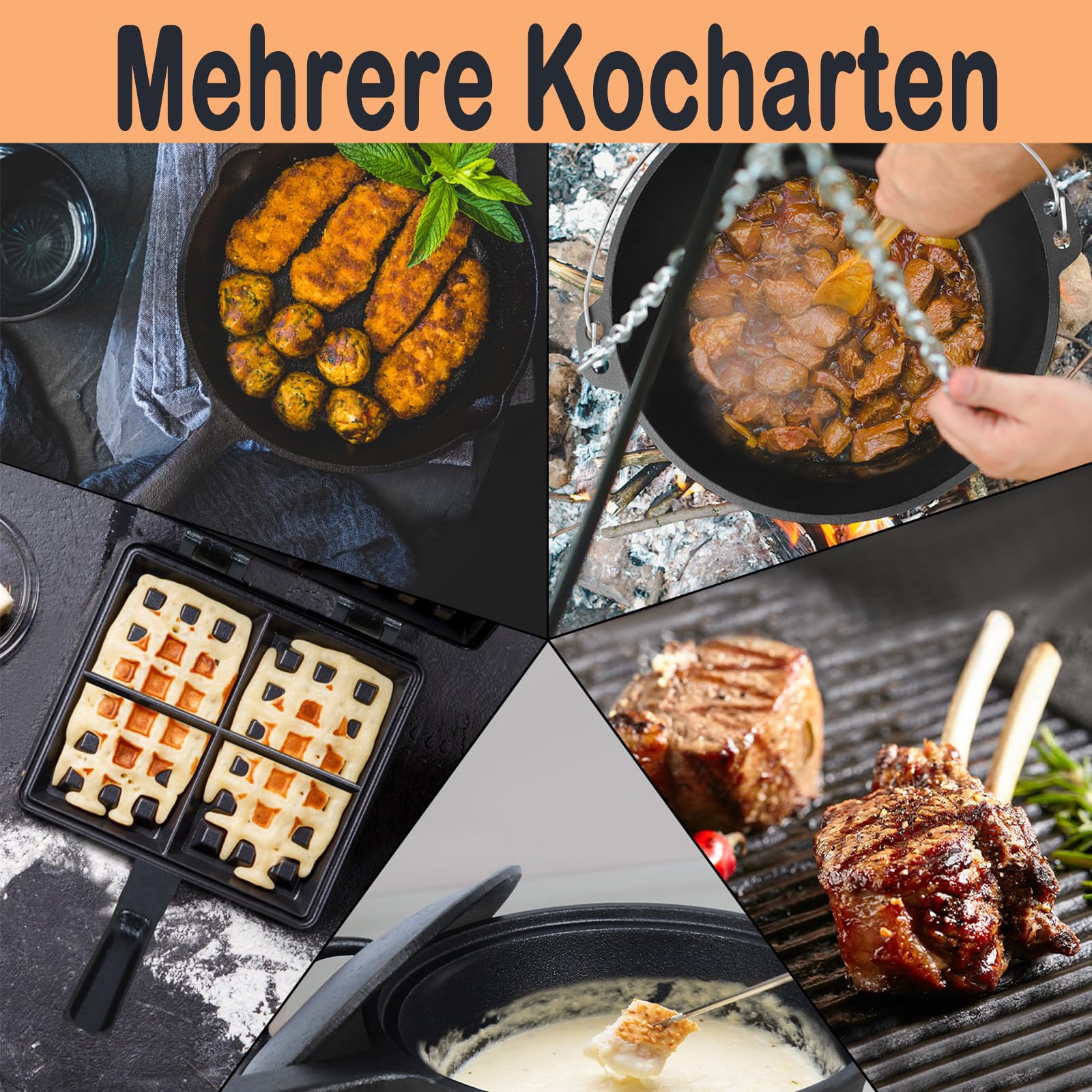 Dutch Oven Set da 12 pezzi in scatola di legno per barbecue con piedini e coperchio, pentola in ghisa per forno a microonde e per interni con molti accessori