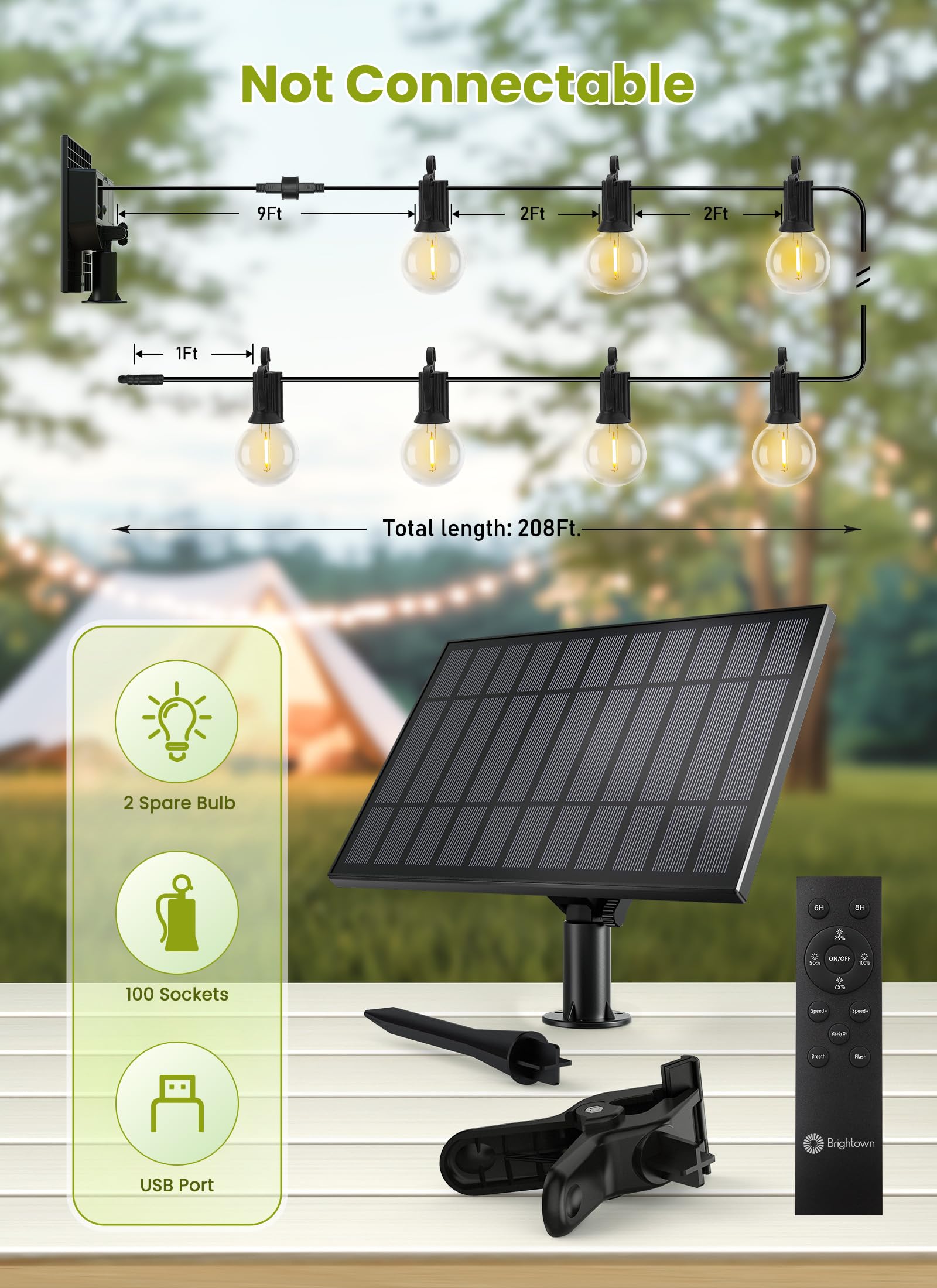 Brightown 208FT Solar String Lights Outdoor, IP65 Waterproof