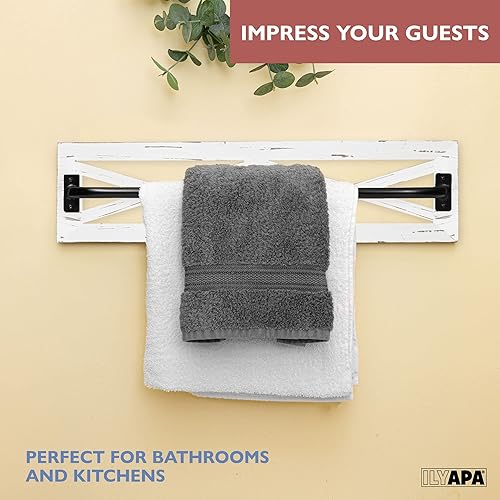 Miniatura 3 de Ilyapa Juego de soporte de papel higiénico rústico con toallero para baño, estantes de pared - Madera blanca y barra de metal negro, decoración de