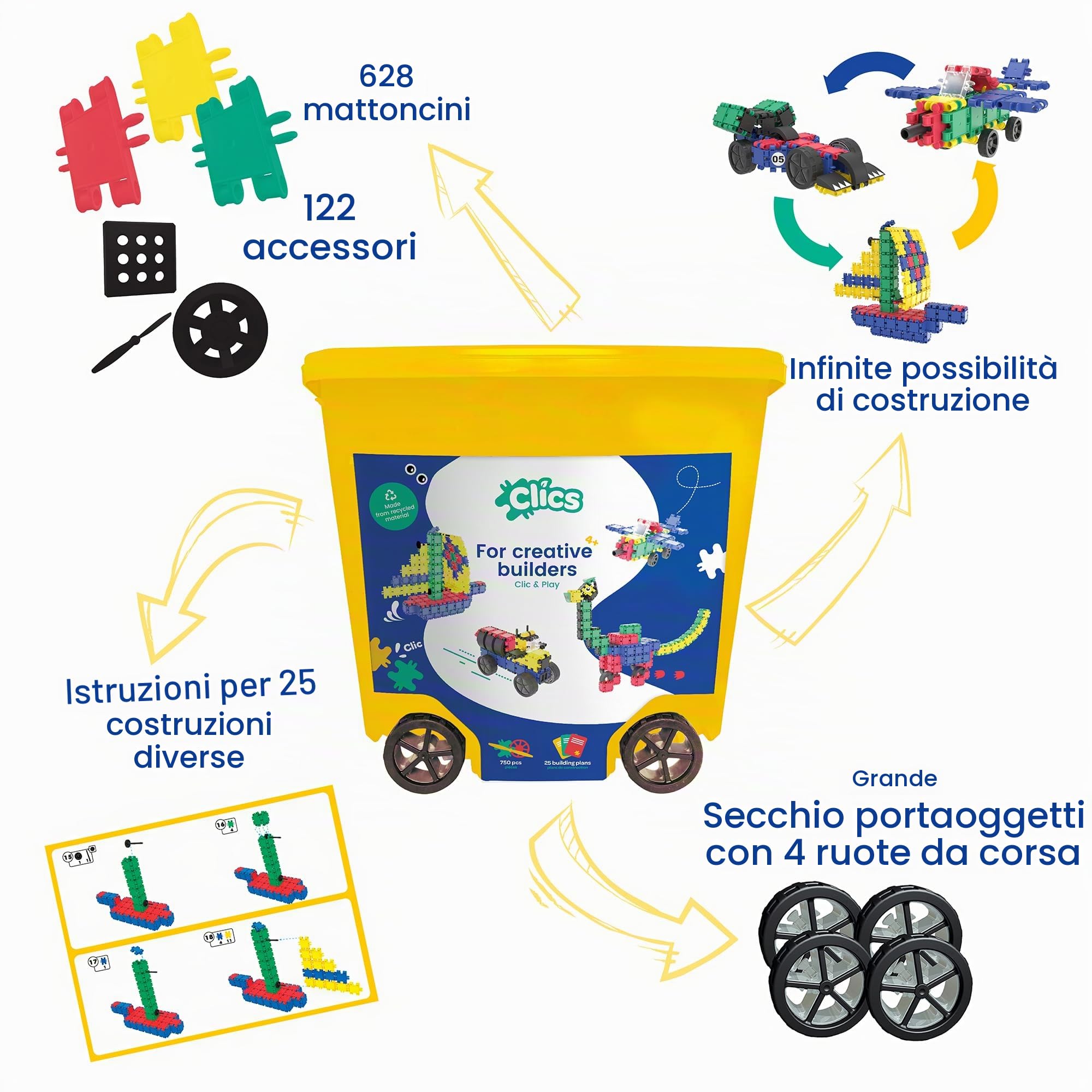 Clics Giocattoli da costruzione bambini dai 3 anni, giocattoli educativi creativi in ​​un set da 750 pezzi, mattoncini per ragazze e ragazzi, giocattoli Montessori STEM, giocattoli durevoli