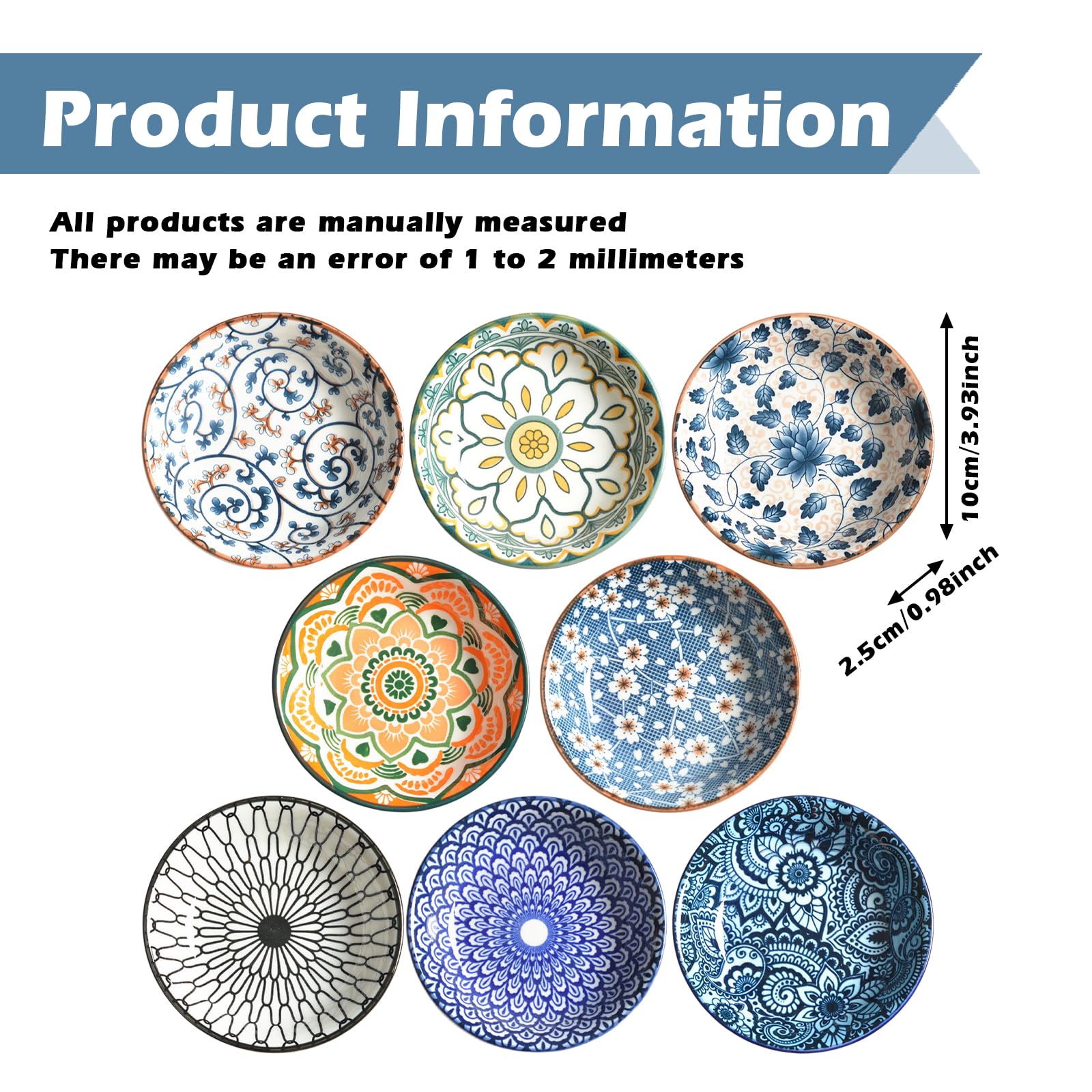 8 ciotole da dessert in ceramica, ciotole per tapas, ciotole per spezie, piccole ciotole per salse, in porcellana, set piatto in ceramica, piccole ciotole in ceramica, soia, spezie (stile casuale)