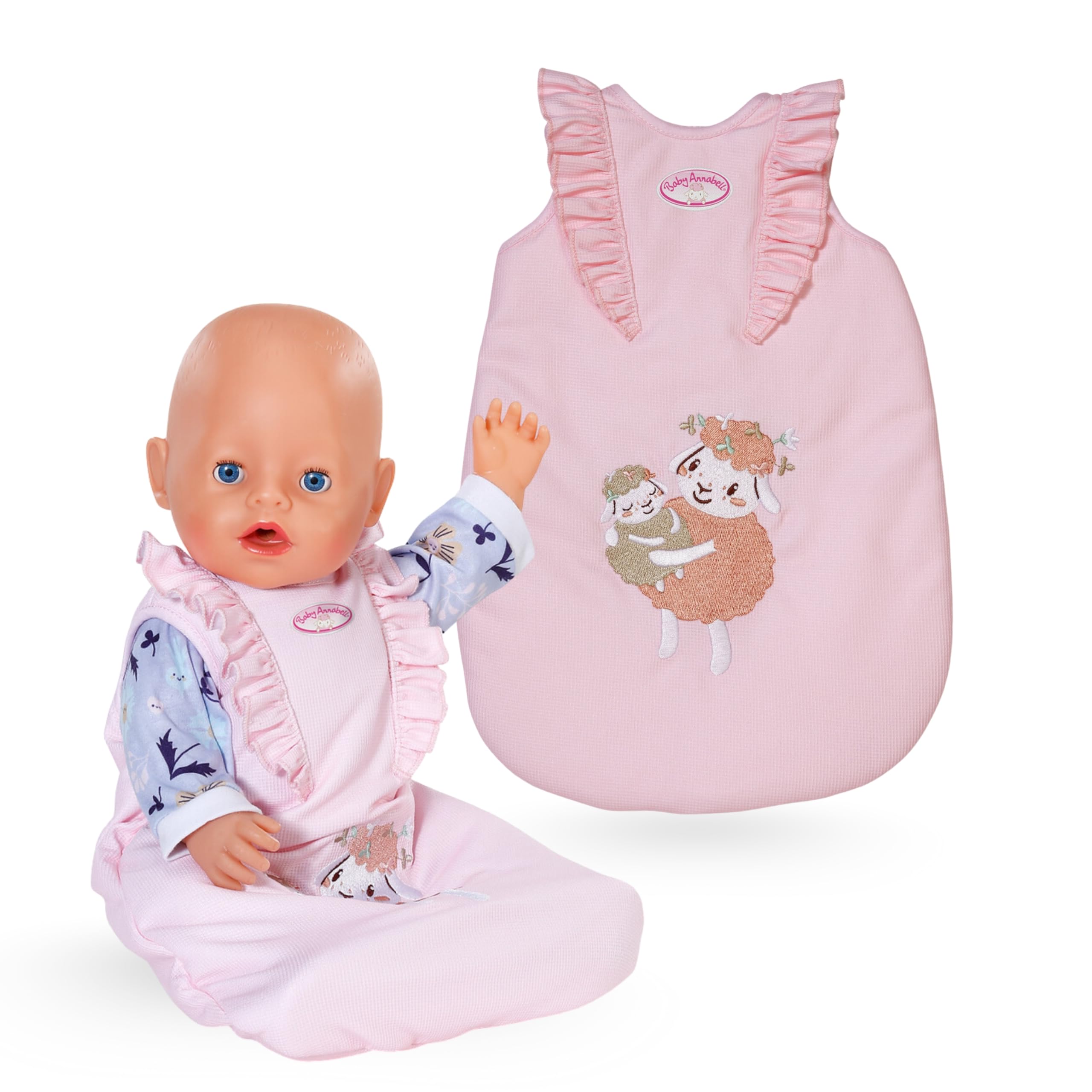 Baby Annabell Sleeping Bag, Pink & floral design, Fits any 36cm & 43cm doll, 100% plastic free packaging doll accessory
