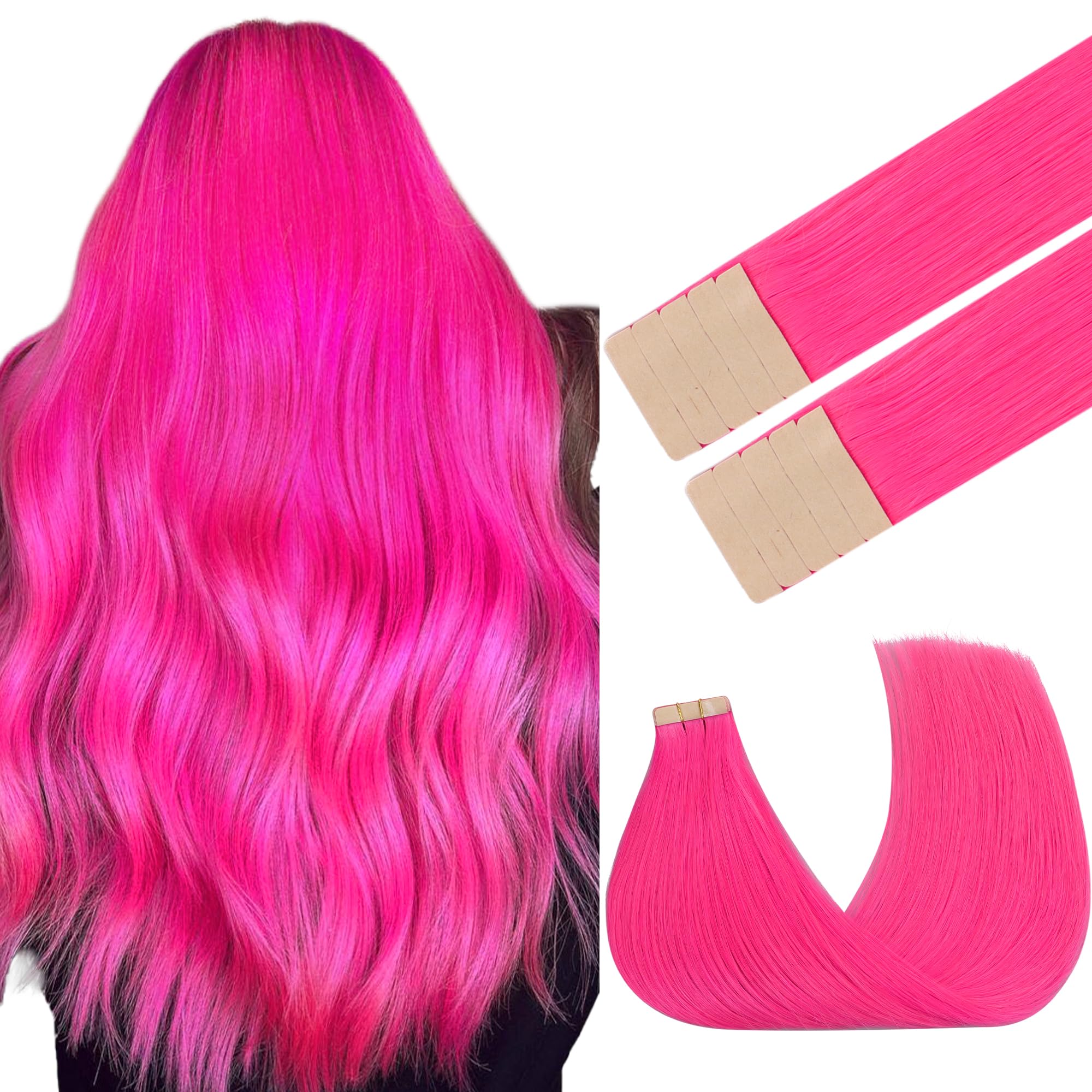 GOO GOO Tape in Hair Extensions Human Hair, Pink 10pcs 25g 16inch, Colored Tape ins Human Hair Extensions