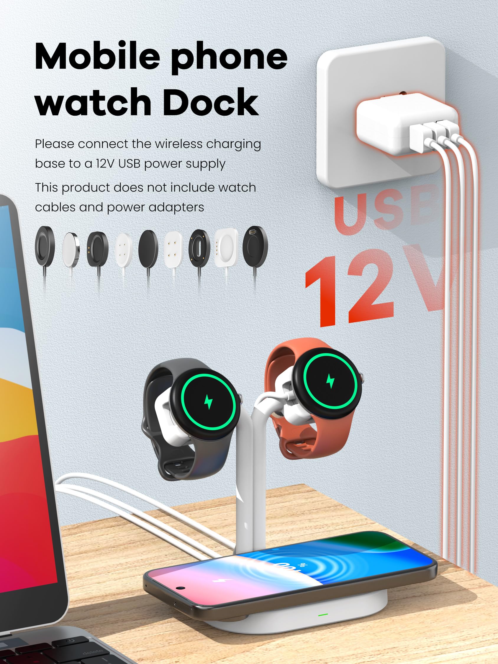 Caricatore universale per orologio doppio 3 in 1, stazione di ricarica wireless intelligente regolabile per Samsung/Google/Amazfit/Fitpolo/GRV/AGPTEK/Fire-Boltt (A22SW-bianco)