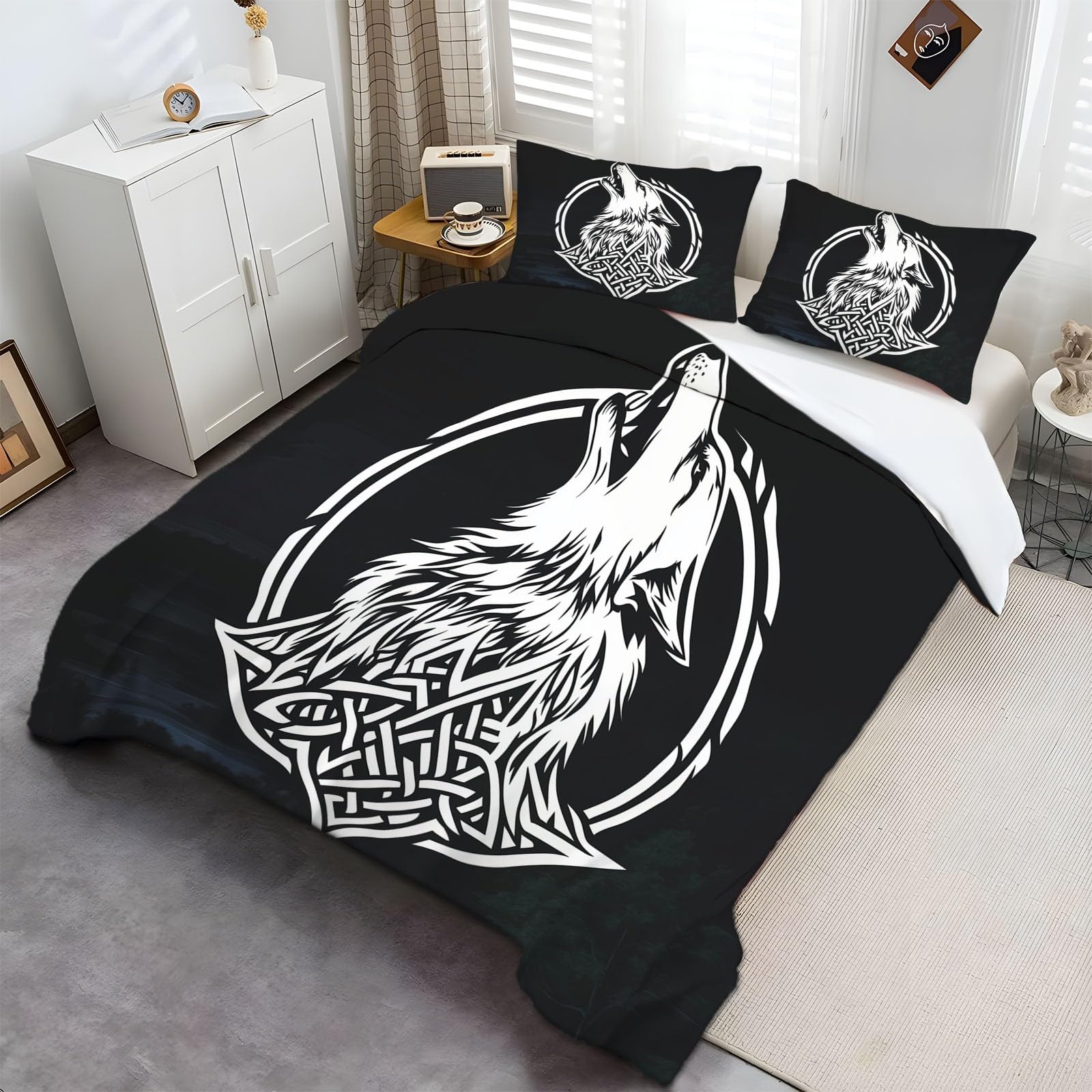 Funda Nórdica Lobo Vikingo Juego De Cama Suave Transpirable Microfibra 1 Funda Nórdica + 2 Fundas De Almohada 50X75cm Cama 90