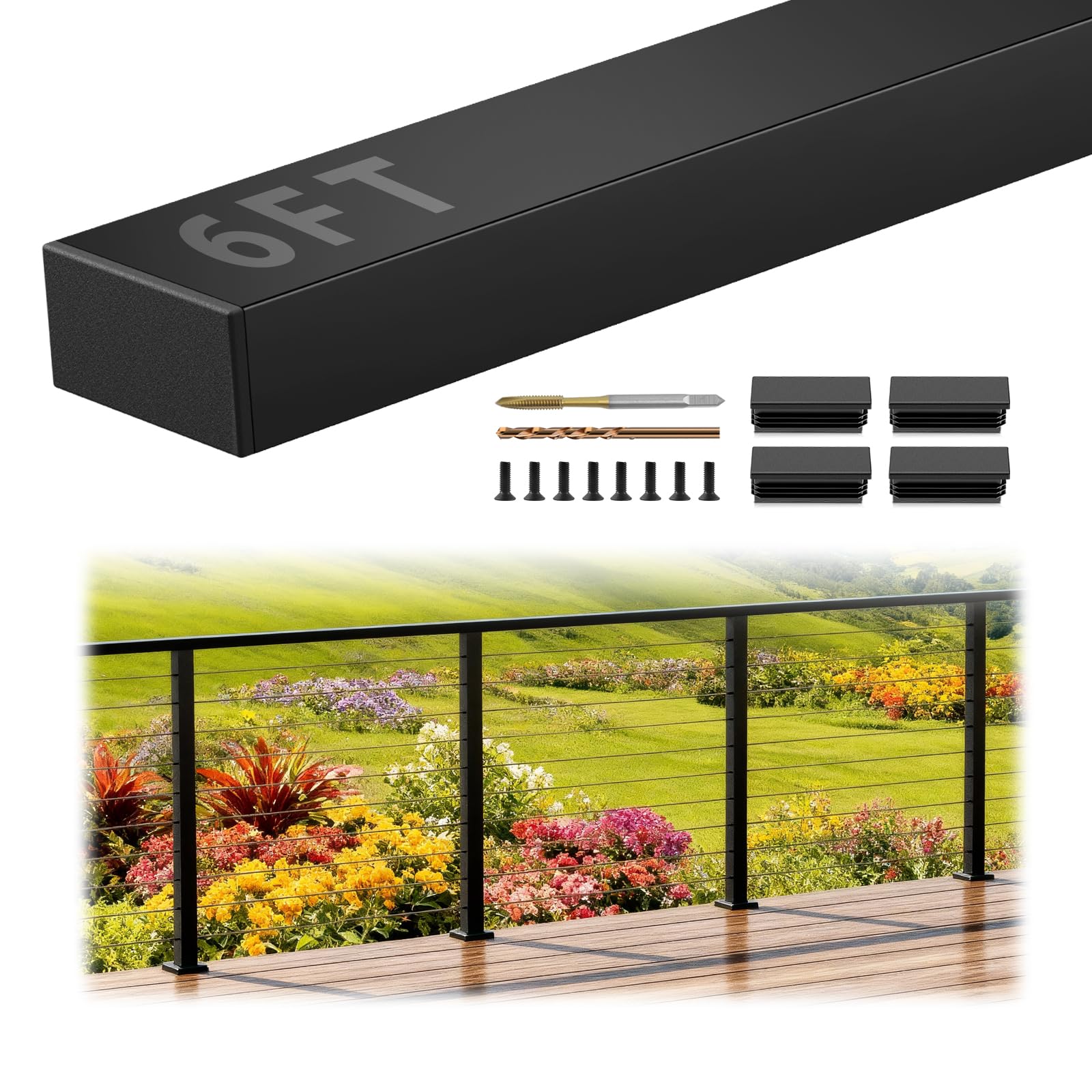 6FT Stainless Steel T304 Handrail Black, Flat Rectangular Cable Railing Handrail Deck Top Rail with Nylon End Caps for Indoor Outdoor Deck Stair Cable Railing System DIY Balustrade