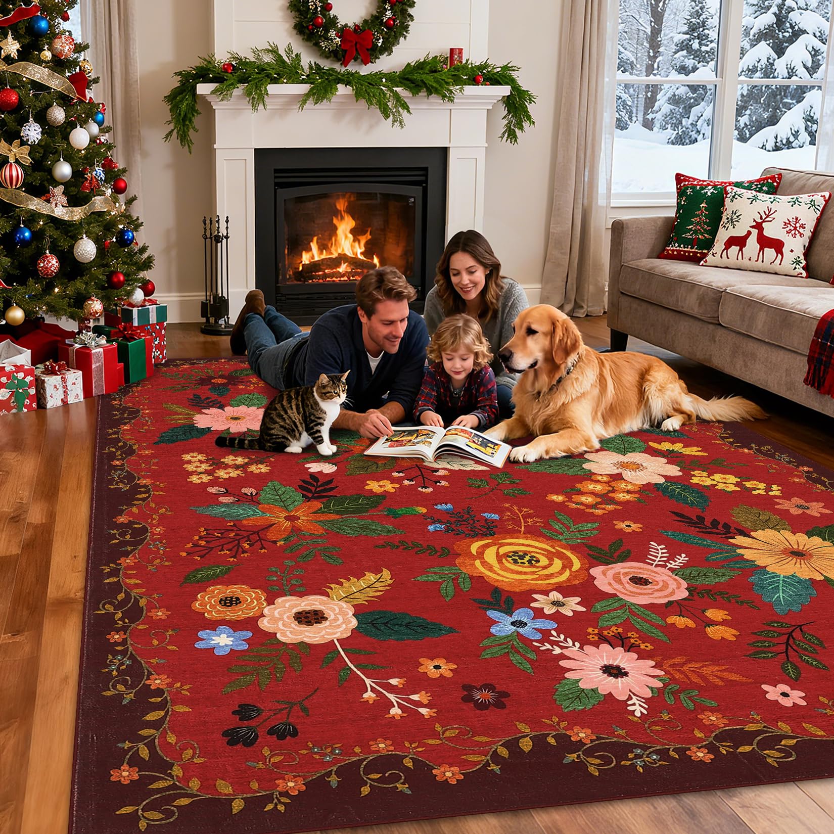 FairyStyle Washable Floral Large Living Room Rug 200x290cm Red
