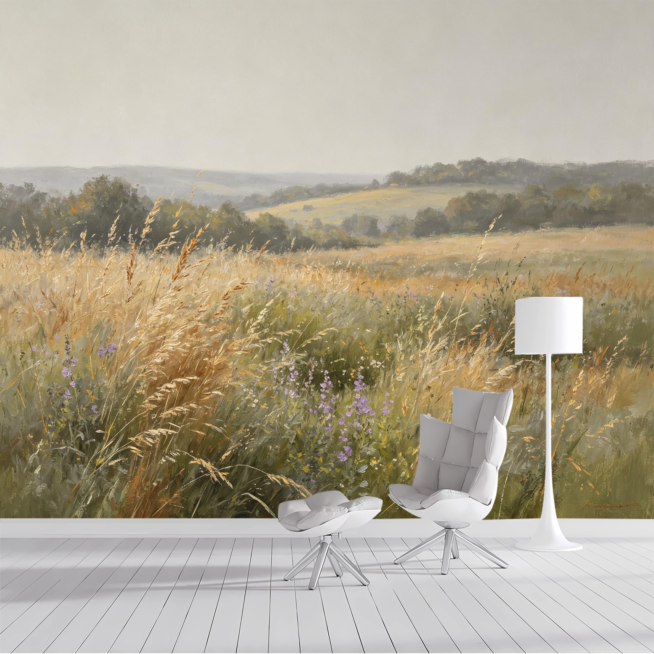 Custom Size Wall Mural Pastoral Meadow Wildflower Landscape Oil Painting Rustic SelfAdhesive Wall Fabric Removable Peel and Stick Wallpaper Wall Decor for Living Room Bedroom Bathroom