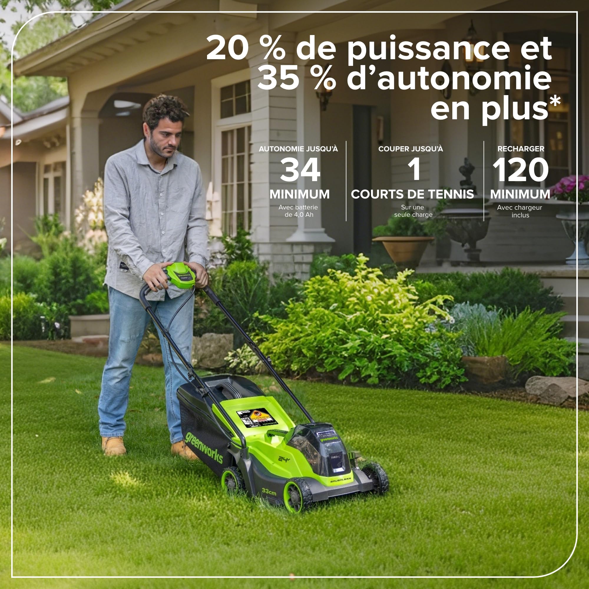 Greenworks 24V Tondeuse Gazon sans Fil avec Moteur sans Brosse, Largeur de Coupe 33 cm, Sac de 30L,Tondeuse Electrique Gazon Inclus Batterie 24V 4Ah et Chargeur, Garantie 3 Ans-MO24L411-01
