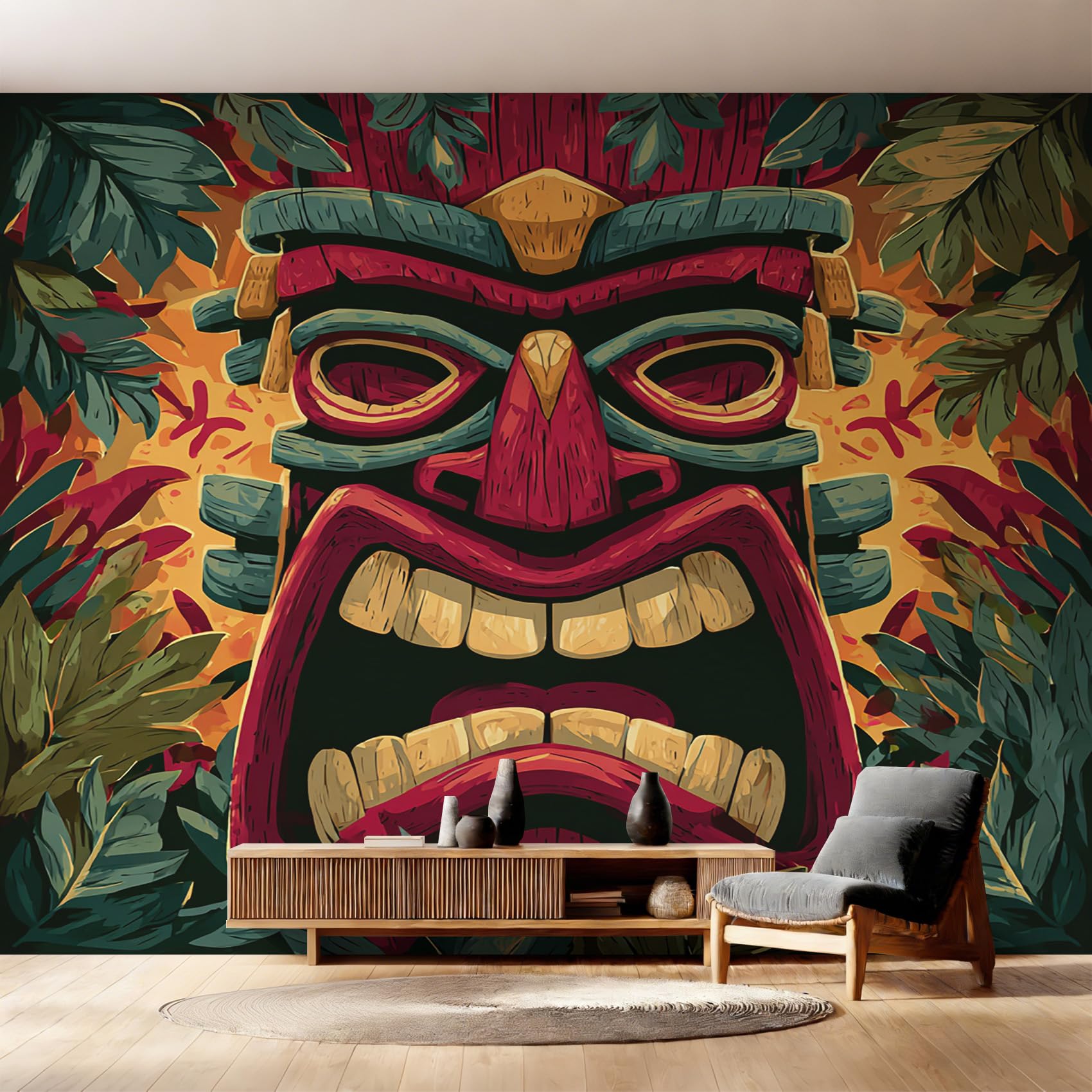 Papier peint panoramique masque Tiki intissé 450x315 cm pour décoration murale