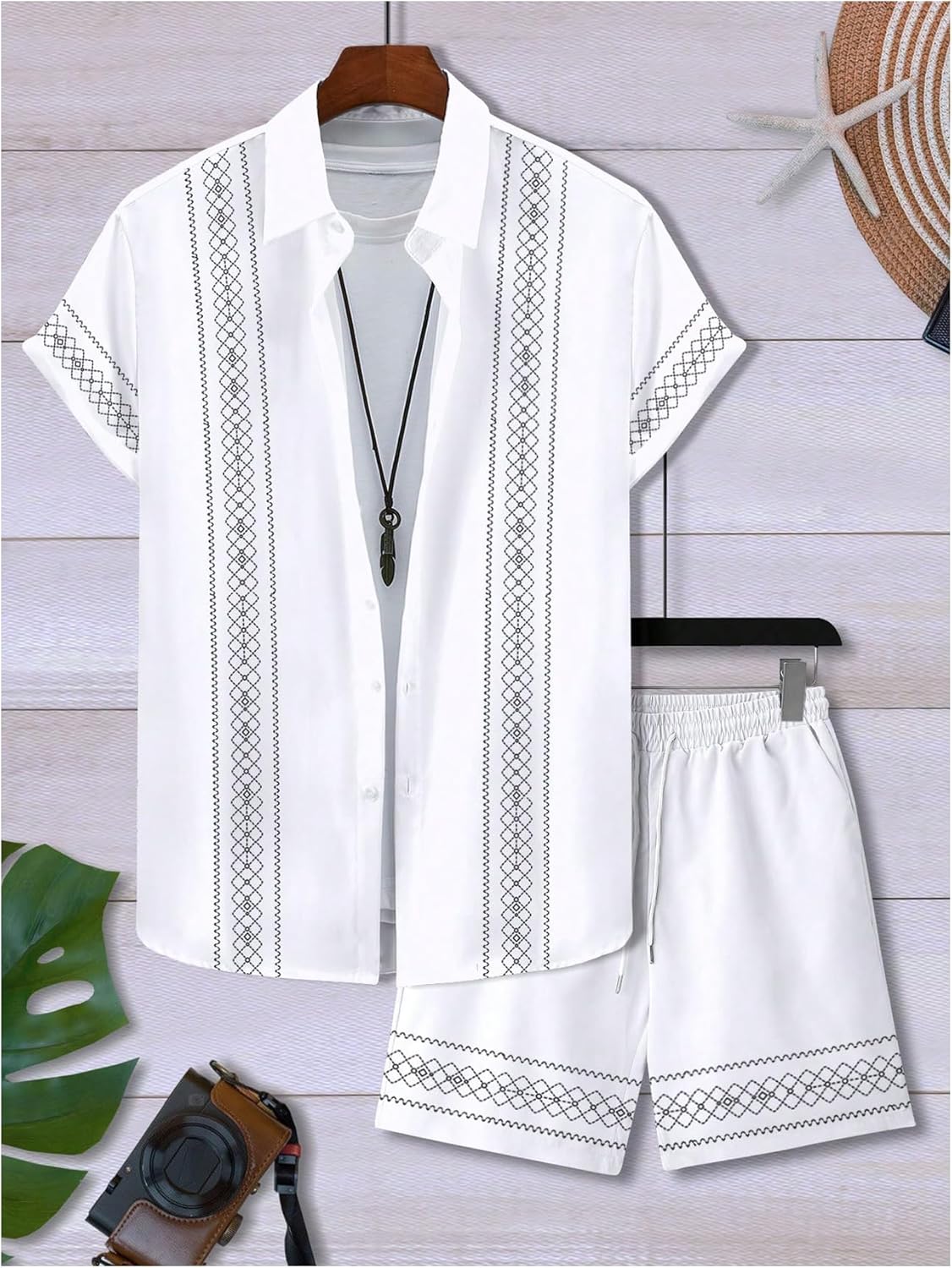 WDIRARA Men's 2 Piece Outfits Geometric Print Button Down Short Sleeve Shirt Shorts Set Vacation Outfits - Image 3