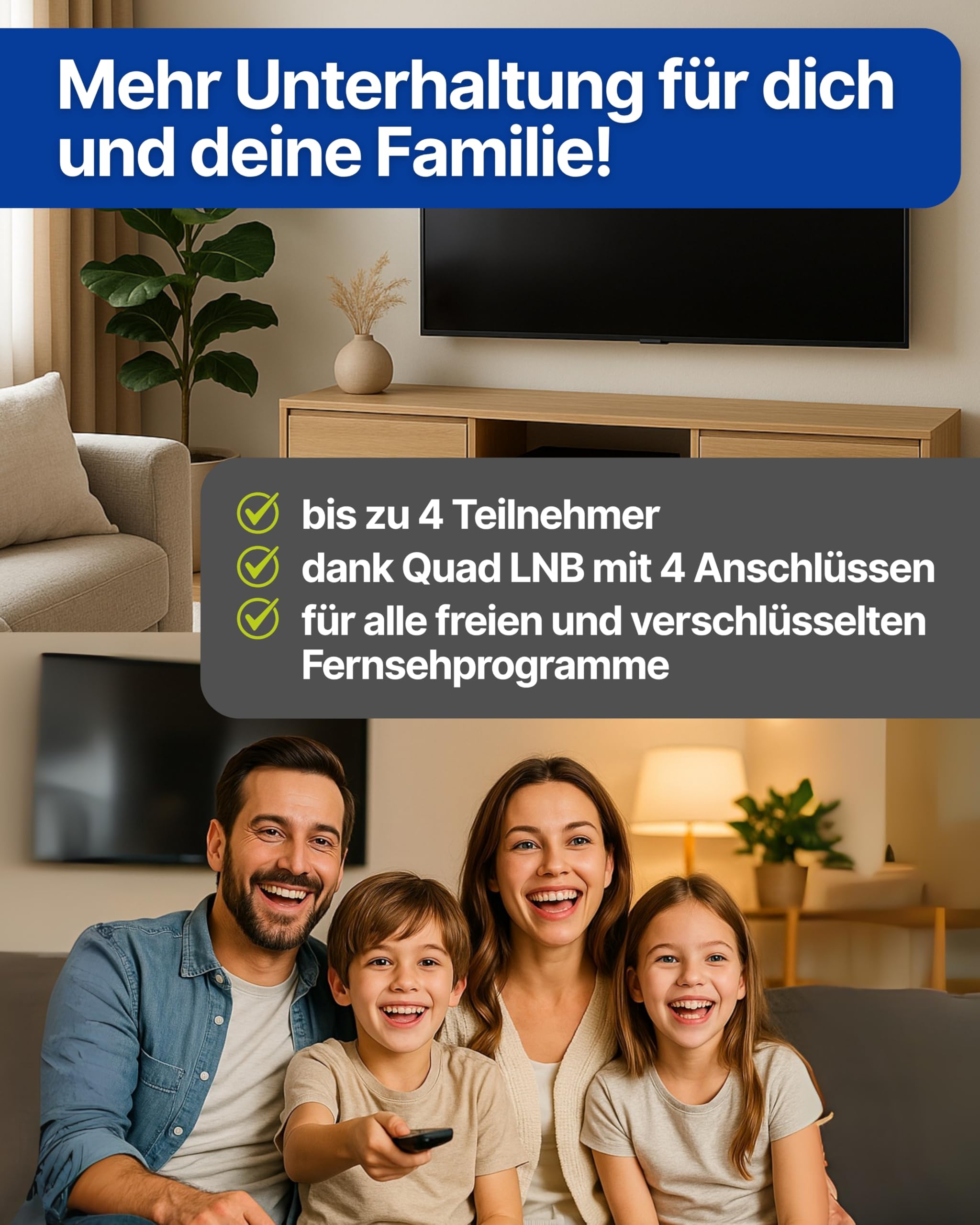 SCHWAIGER Satellitenschüssel Komplettset 80 cm Aluminium Offset Antenne Anthrazit Quad LNB 4-Fach Digital HD 4K Empfang wetterfest