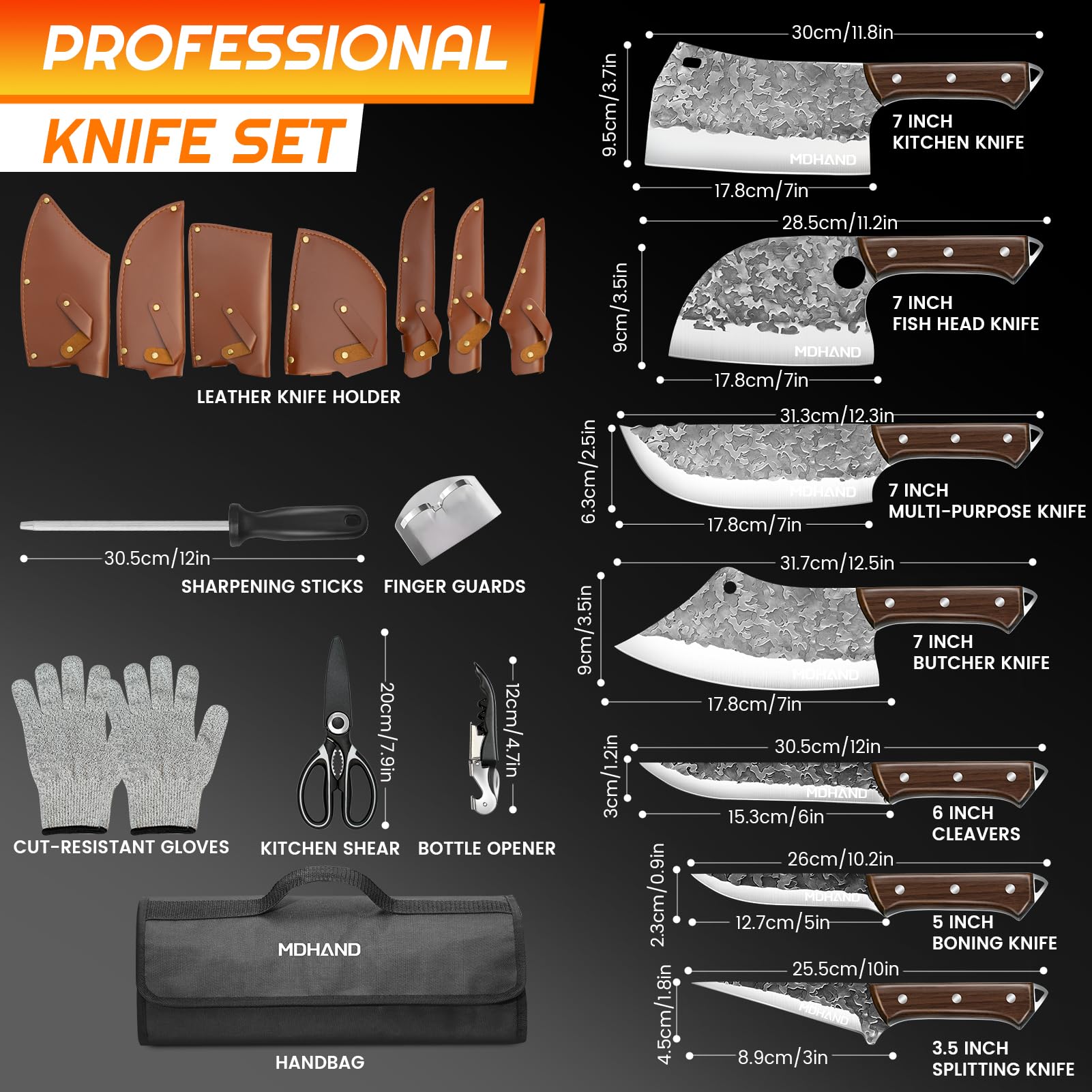 14 Pièces Set Couteaux Et Ustensiles De Cuisine Complet, Couteau Hachoir, Machette, Feuille De Boucher, Pour Cuisine & Camping