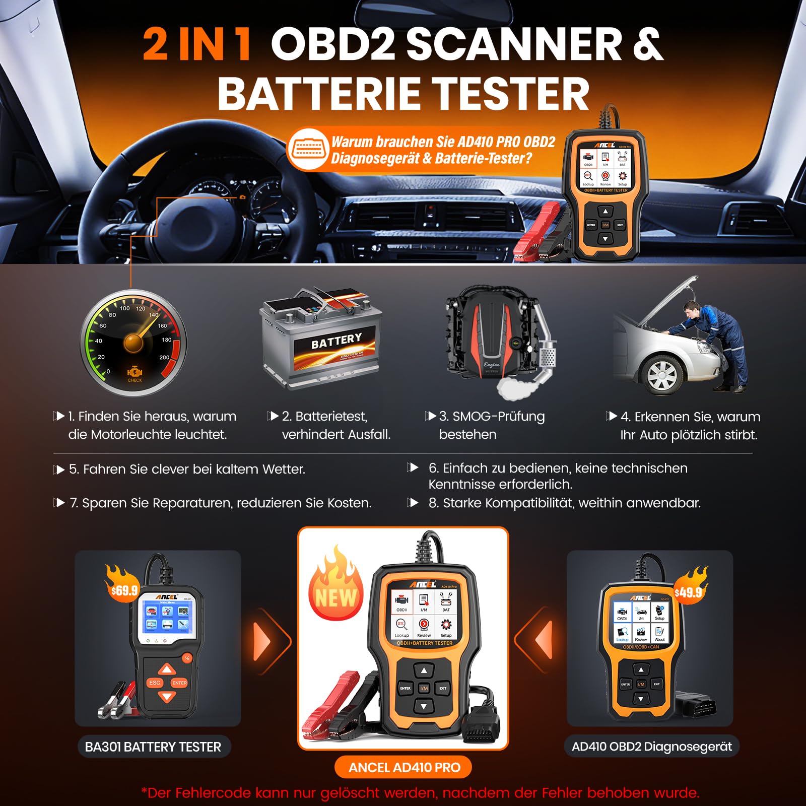 2in1 Auto Diagnosegerät KFZ Batterietester Universal Fehlercode Lesegerät | ANCEL AD410PRO mit Vollen OBD2 Funktionen, 6V 12V 100-2000CCA Autobatterie Tester mit Batterie- Anlasser- und Ladetest