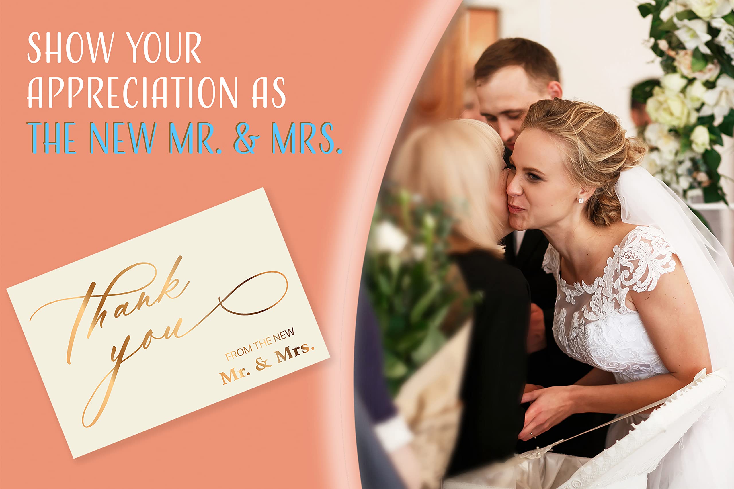 Better Office Products 50 Pack Wedding Thank You Cards in Metallic Gold with Envelopes, Thank You From The New Mr and Mrs, 4 x 6 Inch, Blank Cards, by, 50 Count Boxed Set - Image 4