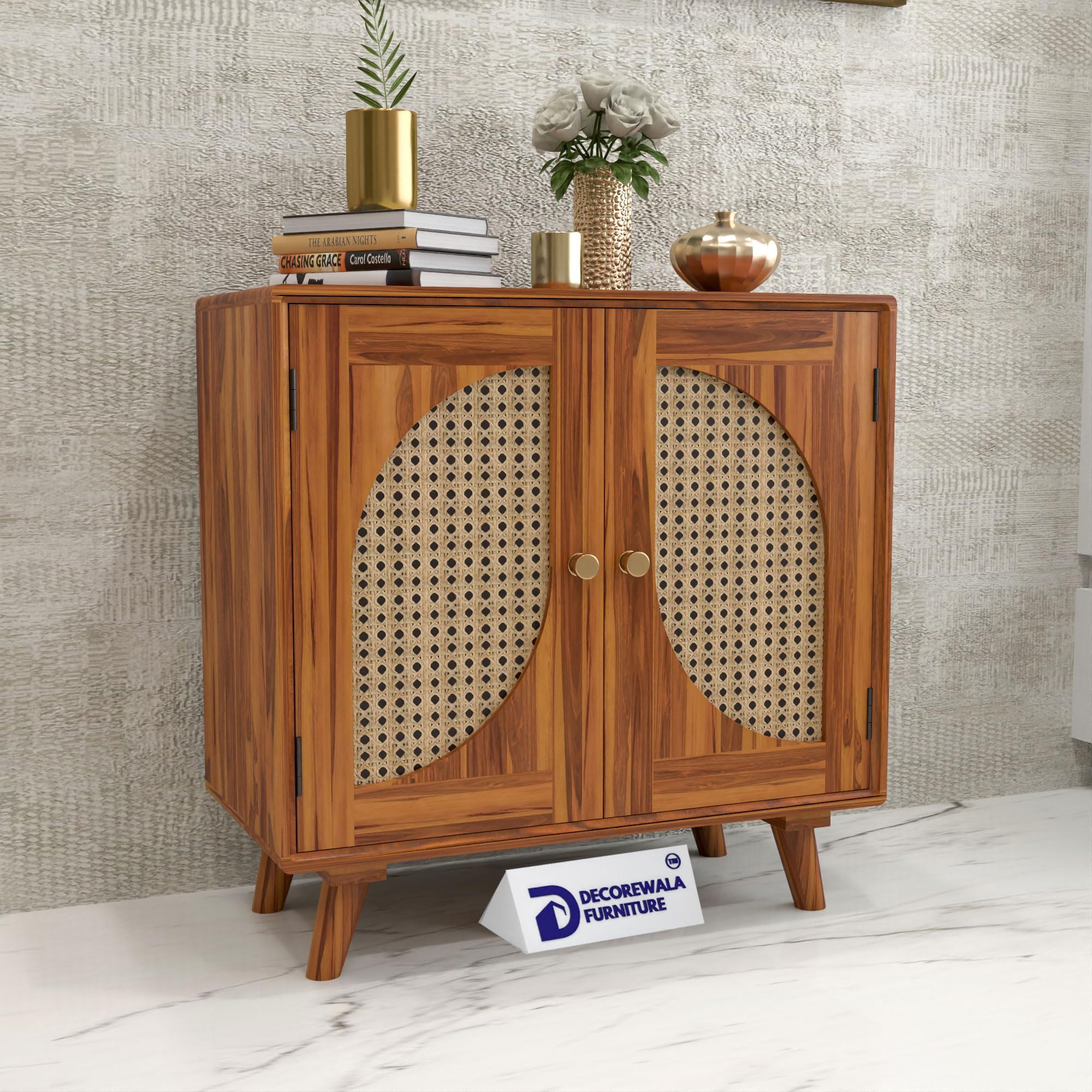 Decorewala Sheesham Wood Rattan Jali Design Storage Sideboard with 2 Doors Storage for Drawing Room, Office & Lounge || Solid Wood Cabinet with Storage for Living Room (Teak Finish)-image-49