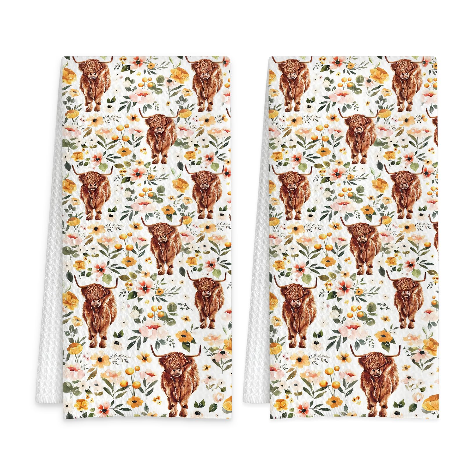 2 Pcs Highland Cow Tea Towels, Soft Microfiber Tea Towels for Kitchen, Absorbent Hand Towel for Bar, Cafe, Travel, Daily Use, Highland Cow Kitchen Accessories for Women Men, 15.7 x 23.6 inch