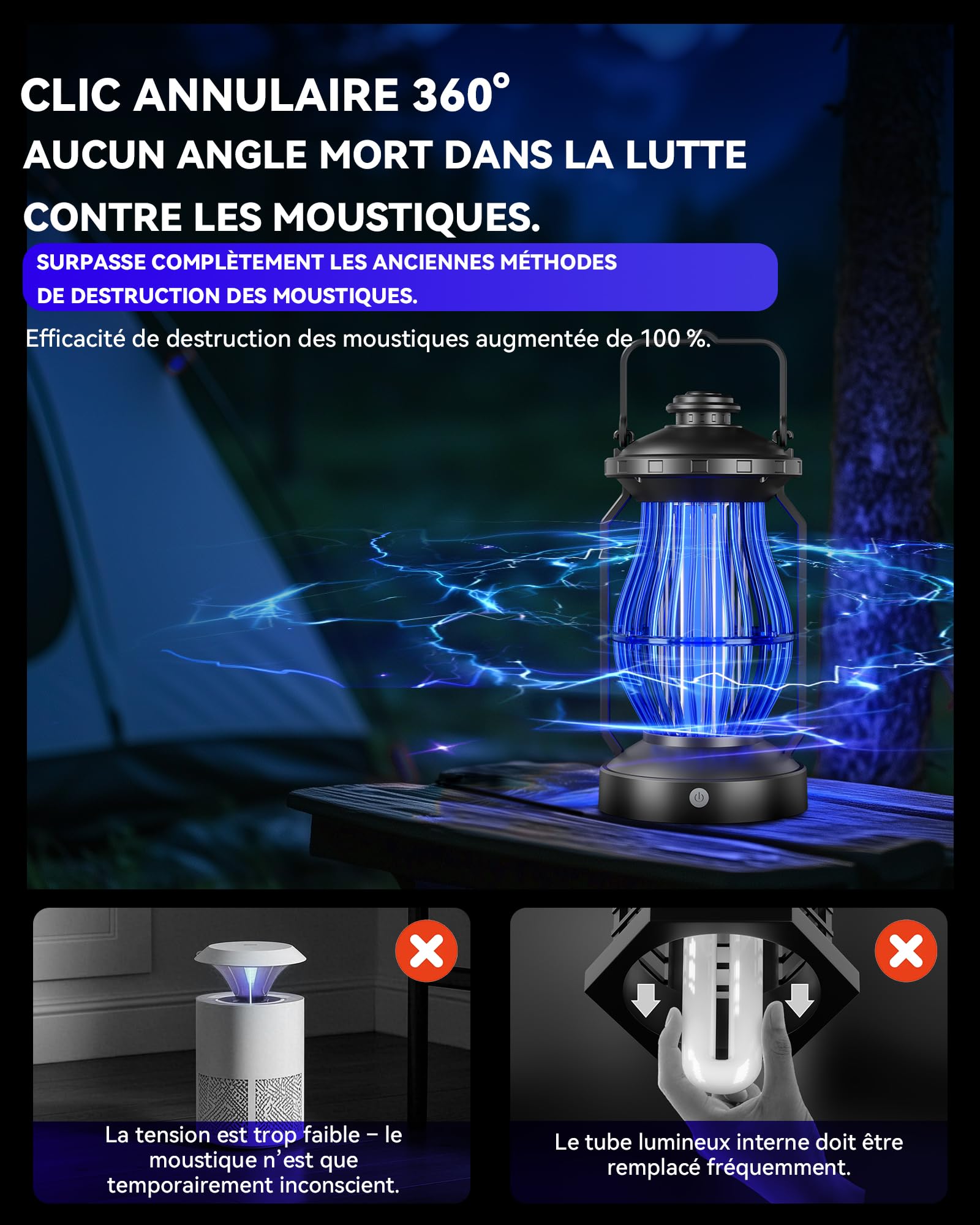 Insektenvernichter Elektrisch,1300V UV Mückenlampe & LED-Campinglaterne, 15W Mückenfalle Innen & Außen, Wasserdicht IPX4 Fliegenfalle gegen Mücken, Fliegen, Motten, 360° Wirkungsbereich