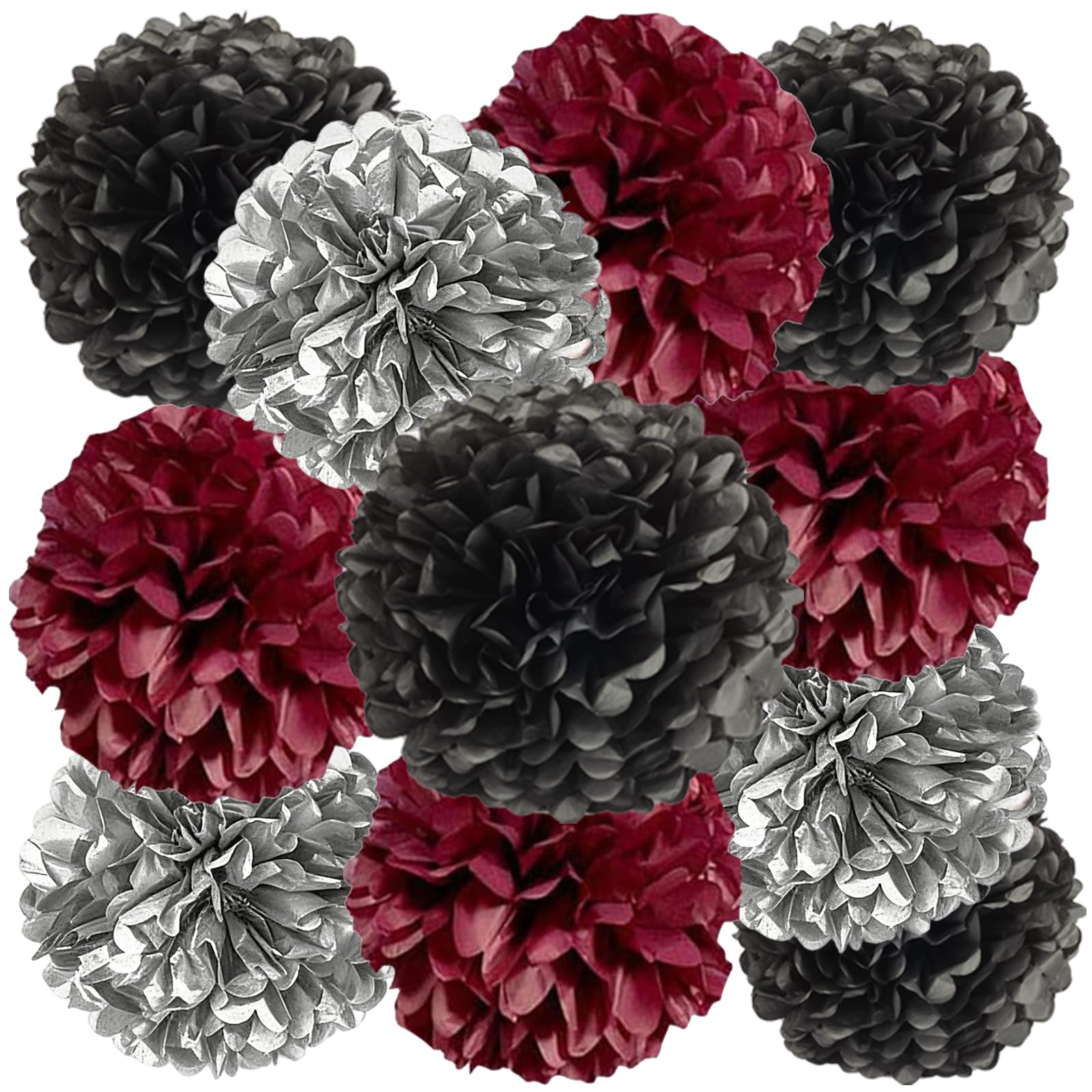 Black Burgundy and Silver Paper Pom Poms for Wedding Birthday Black Gold Party Decoration - Ceiling Wall Hanging Tissue Flowers - 12pcs 3 Colors of 12 Inch 10 Inch 8 Inch