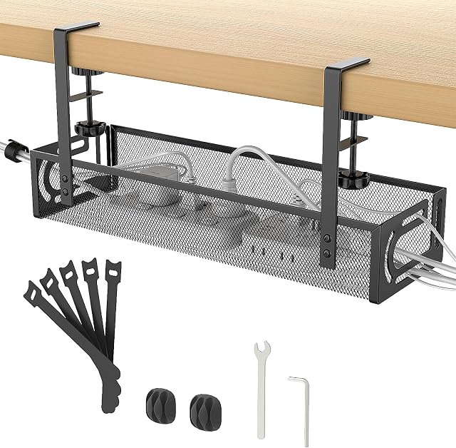 Under Desk Cable Management Tray No Drill, Metal Mesh Cable Tray with Clamp for Desk Wire Management, Desk Cable Management Box and Cord Organizer for Office, Home
