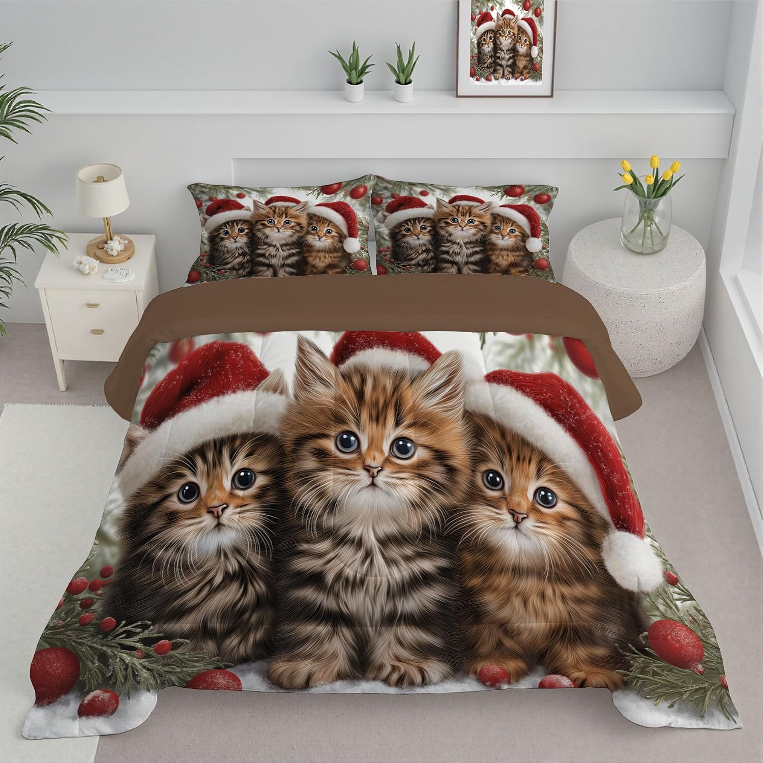 Kids 90" x 90" Coverless Duvet for All Seasons, Reversible Washable 3 Quilt with Christmas Cute Animals Patterns, Brown Comforter with 2 Pillowcases 50x75cm, Queen