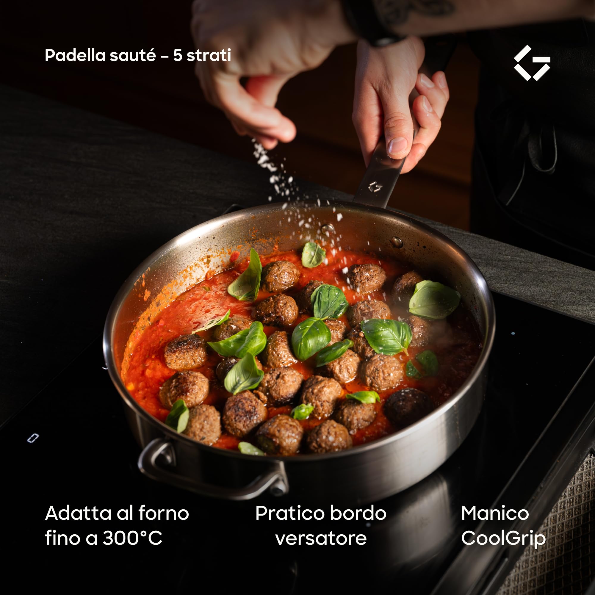 Gastrotools Padella Inox 28 cm 5-Ply con Coperchio Senza PFAS | Senza rivestimento | Manico CoolGrip | Padella da frittura & universale | Per induzione | Distribuzione uniforme del calore