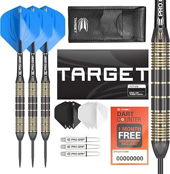 Target Darts Vitus 22G/23G/24G Brass Steel Tip Darts Set - 6 Pro Grip Shafts - 9 Pro Ultra Flights   Dart Wallet Bundle