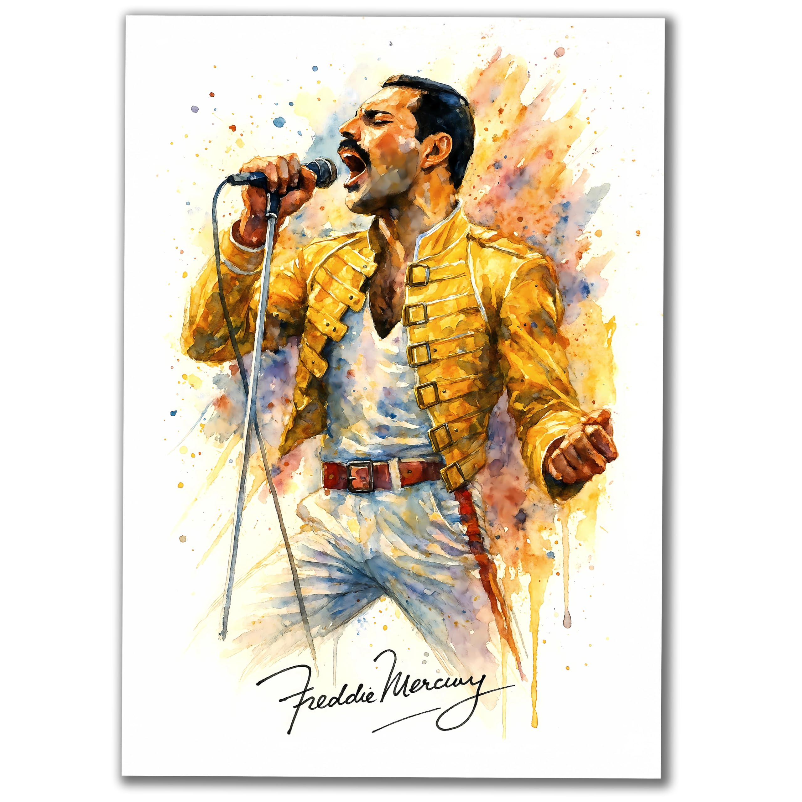 Classic Freddie Mercury Watercolor A4 Art Print, Yellow Jacket, Music Legend Poster, Splash Art Wall Decor