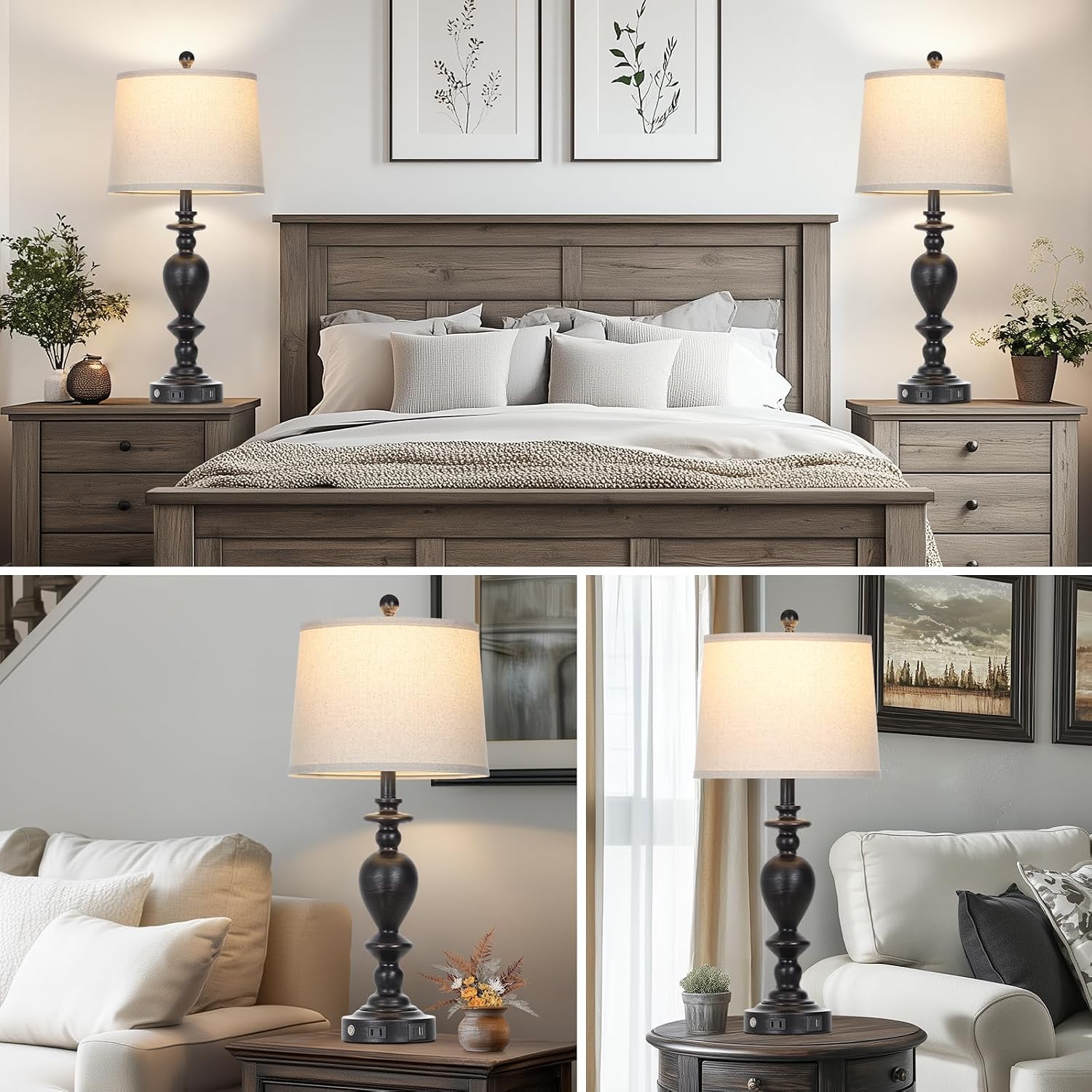 Cinkeda 28" Black Farmhouse Table Lamps Set of 2 with USB C+A Ports & AC Outlet for Vintage Living Room Rustic Bedroom,3-Way Dimmable Touch Lamp Retro Resin Bedside Lamps for Nightstand Side Table image 5