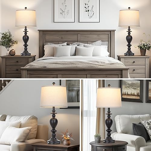 Miniatura 5 de Juego de 2 lámparas de mesa negras de 28 pulgadas con puertos USB C+A y salida de CA para sala de estar vintage, dormitorio rústico, lámpara táctil