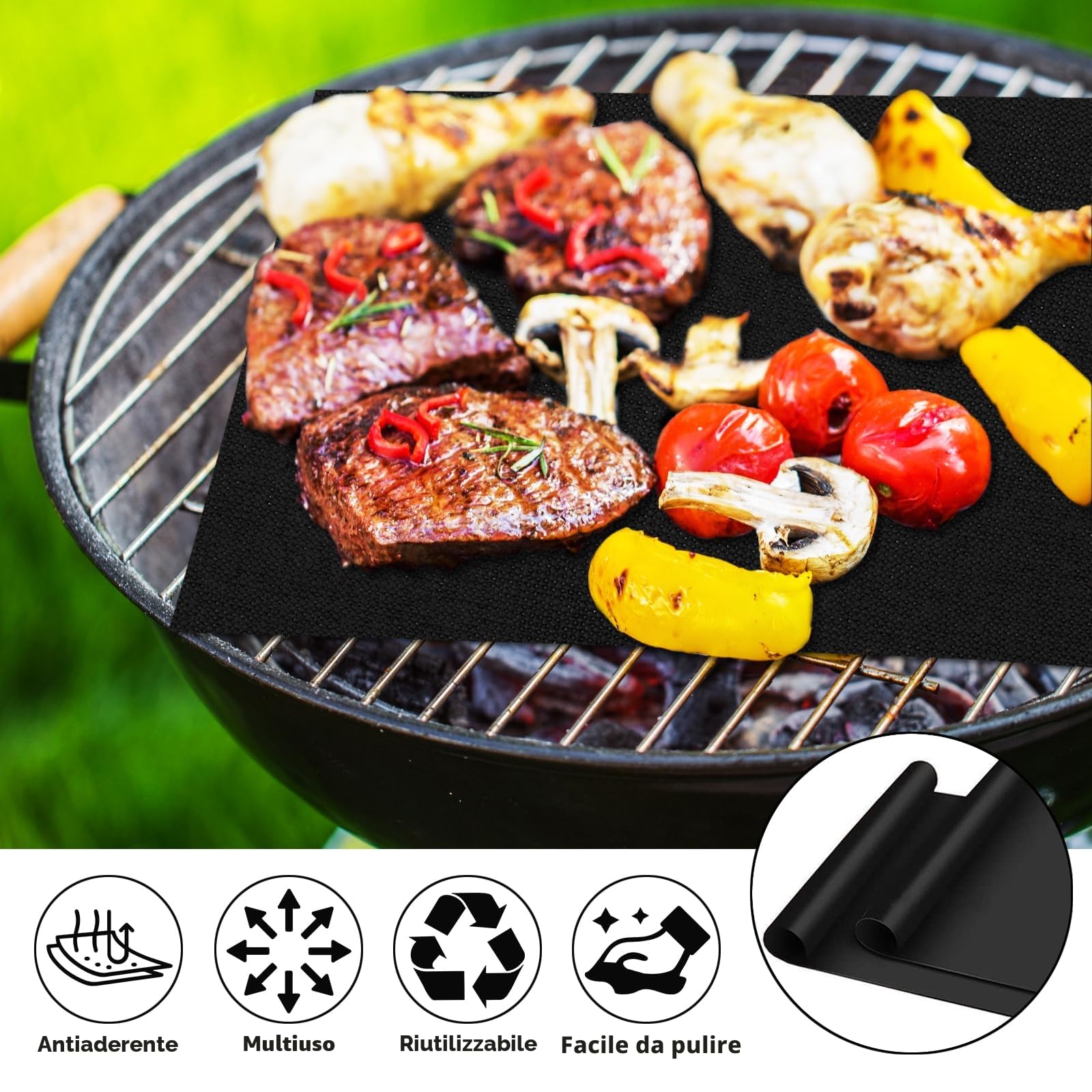 Set di 5 Tappetino Barbecue 60x40cm, Antiaderente Stuoie Barbecue in Teflon, Carta da Forno Riutilizzabile con Pennello e Clip, BBQ Mat per Griglia a Gas Carbone Forno Griglia Elettrica