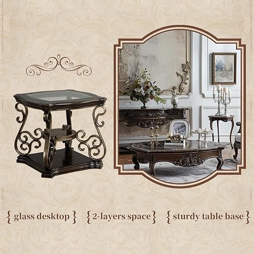 Miniatura 7 de LKTART Mesa auxiliar de madera vintage marrón de 2 niveles de 26 pulgadas para sala de estar, parte superior de vidrio retro detrás del sofá, mesa