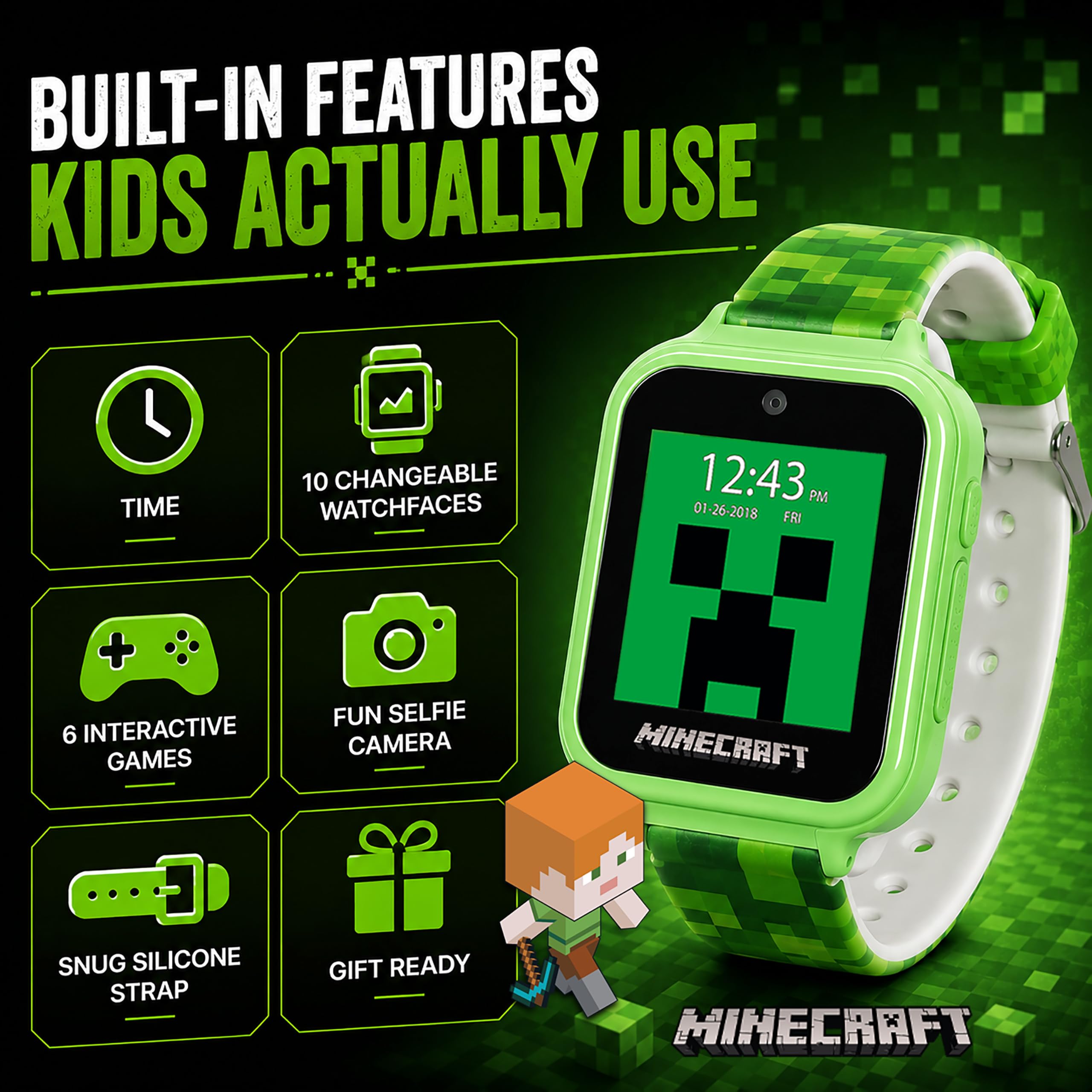 Minecraft, Smartwatch a LED per bambini, con 10 quadranti Creeper e Mob, contapassi, fotocamera per selfie, registratore video, registratore vocale, timer, giochi divertenti, calcolatrice e sfondi