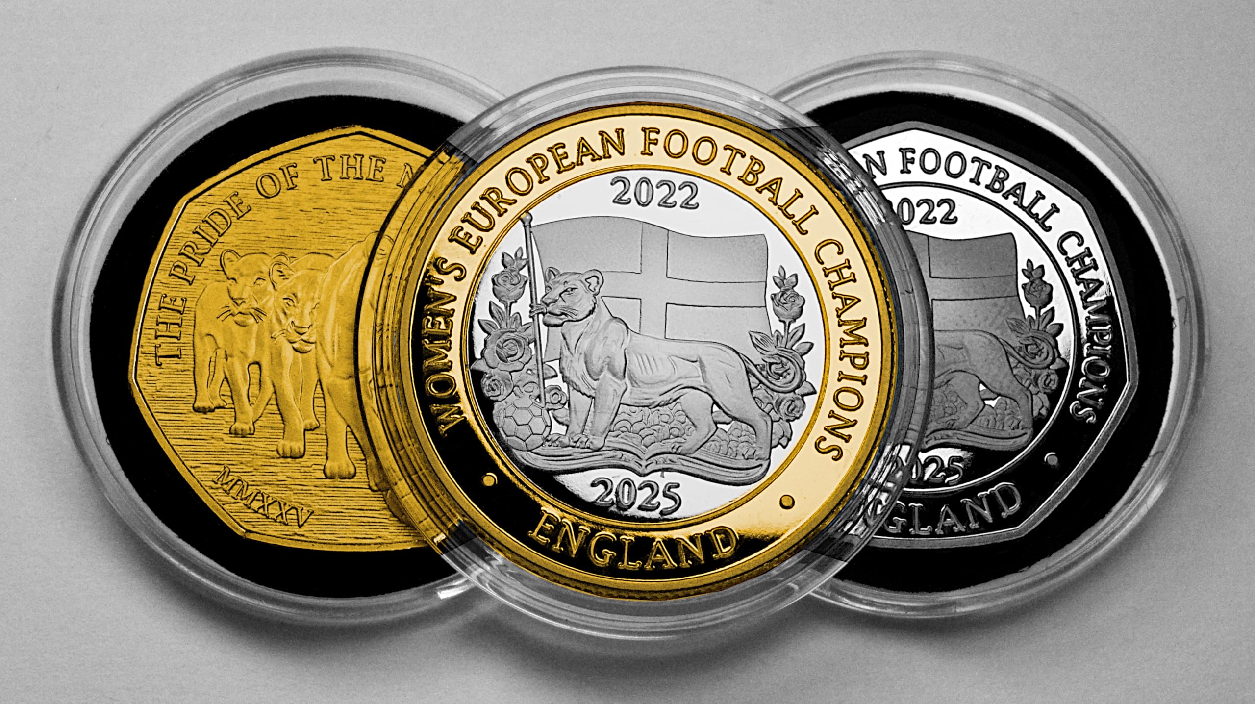 The Commemorative Coin Company Women's Silver & Gold Trio Of England Football Commemoratives. 24Ct Gold And Silver. 2022 2025. Lioness/Lionesses European Champions