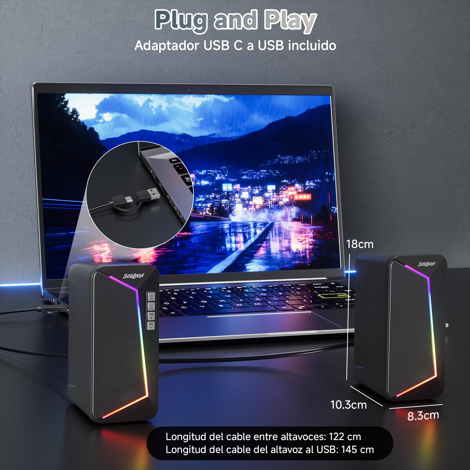 SOULION Altavoces para PC, alimentación USB-C/USB, iluminación LED, 1 par | con control de volumen, altavoces de escritorio con modo USB/Bluetooth para teléfonos, Tablet y monitores, Negro