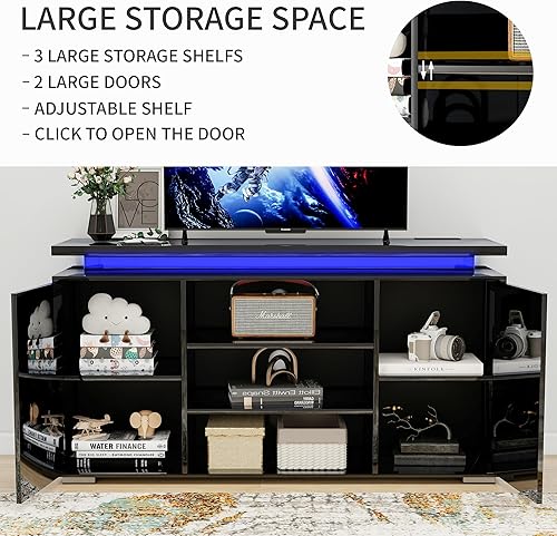 Miniatura 7 de Soporte de TV de alto brillo, centro de entretenimiento moderno con almacenamiento de 2 puertas para televisores de hasta 60 pulgadas, mesa consola