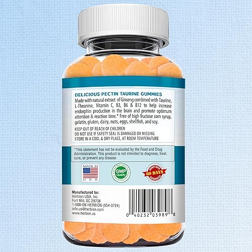 Miniatura 3 de HERBION Naturals - Gomitas de taurina con ginseng, L-teanina, vitamina C, B3, B6 y B12, apoyan la claridad mental y la concentración*, sabor natural