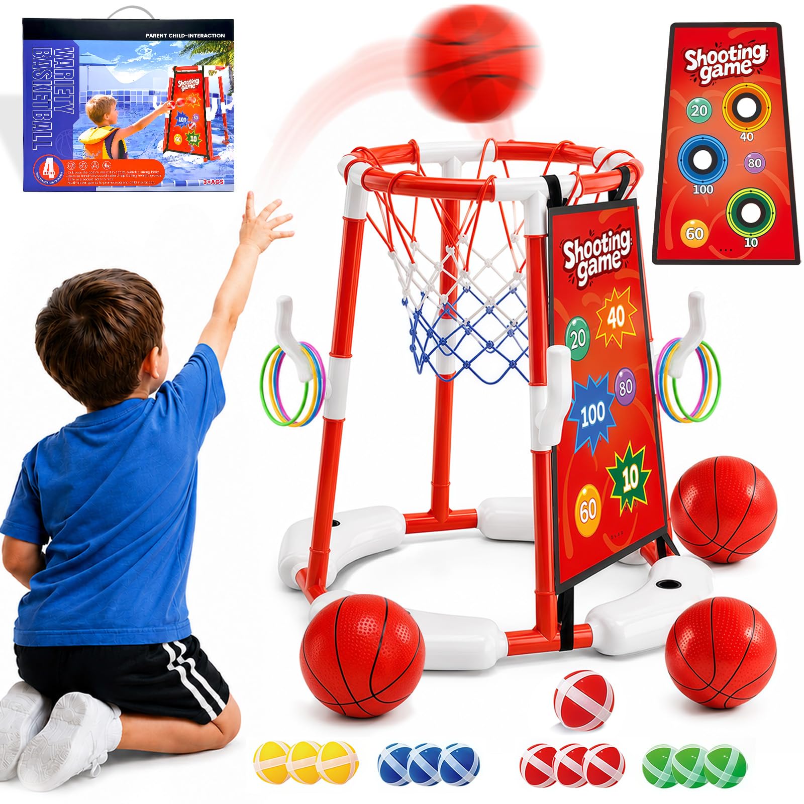 Canestro da basket 3 in 1 per esterni, con 4 palline da basket, 12 palline da lancio, 12 anelli, giocattolo da piscina, per feste hawaiane, piscina, spiaggia, bambini e adulti