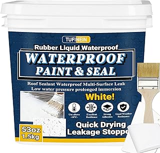 Rubber Liquid Waterproof Sealant, TUFINEIN 53oz/1.5kg White Quick Drying Multi Surface Foundation Leak Repair - Roof Gutters Basement Sealer Waterproof - Indoor & Outdoor Flexible Rubber Paint