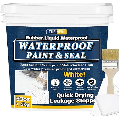 Rubber Liquid Waterproof Sealant, TUFINEIN 53oz/1.5kg White Quick Drying Multi Surface Foundation Leak Repair - Roof Gutters Basement Sealer Waterproof - Indoor & Outdoor Flexible Rubber Paint