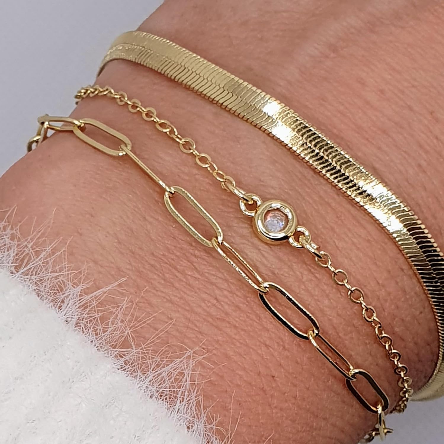 AMARYLIA Elegant Gold-Plated Bracelet Set for Women – Hypoallergenic & Waterproof Jewelry, Stylish Stackable Bangles for Everyday & Special Occasions, Herringbone, Paperclip, Cable chain bracelets, Fashion Trendy and Elegant Accessories Gifts for Womens - Image 7