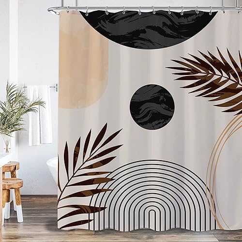 Miniatura 2 de Cortina de ducha bohemia de mediados de siglo, cortina de ducha moderna abstracta con hojas para baño, juego de cortina de ducha geométrica