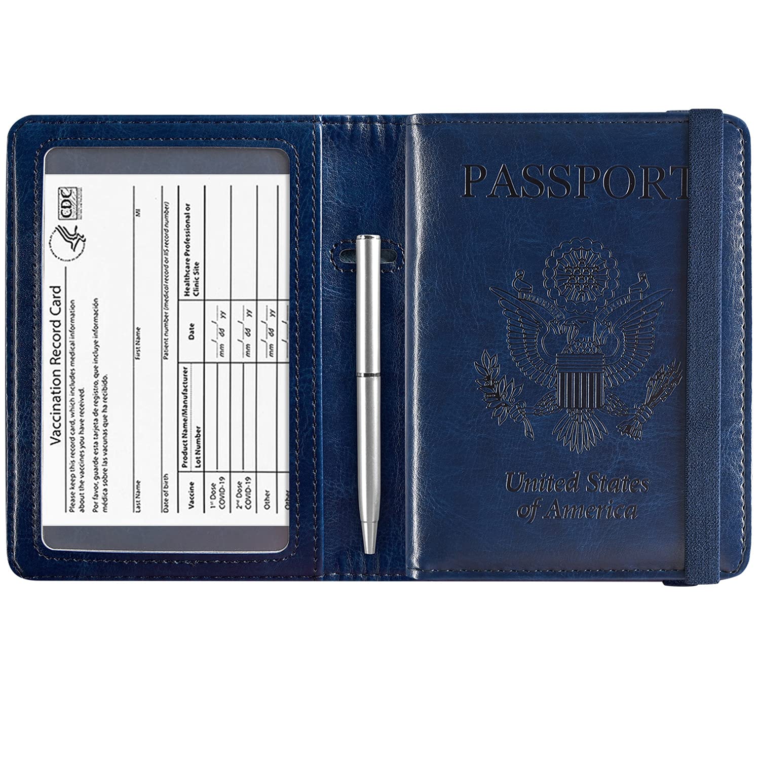 ACdream RFID Blocking Passport Holder Travel Wallet - Premium PU Leather Cover Passport Book with Card Holder, Pen Slot, Keep Organization, and Travel Essentials for Women and Men, Navy Blue, Passport