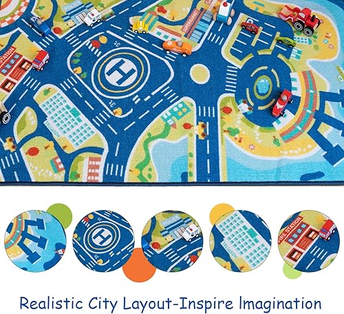 Miniatura 6 de Children Play Rug 26x55 Inch  City Road Traffic Play Mat Carpet for Kids, Polyester Surface with Non-Slip TPR Backing, Foldable Storage Tube,